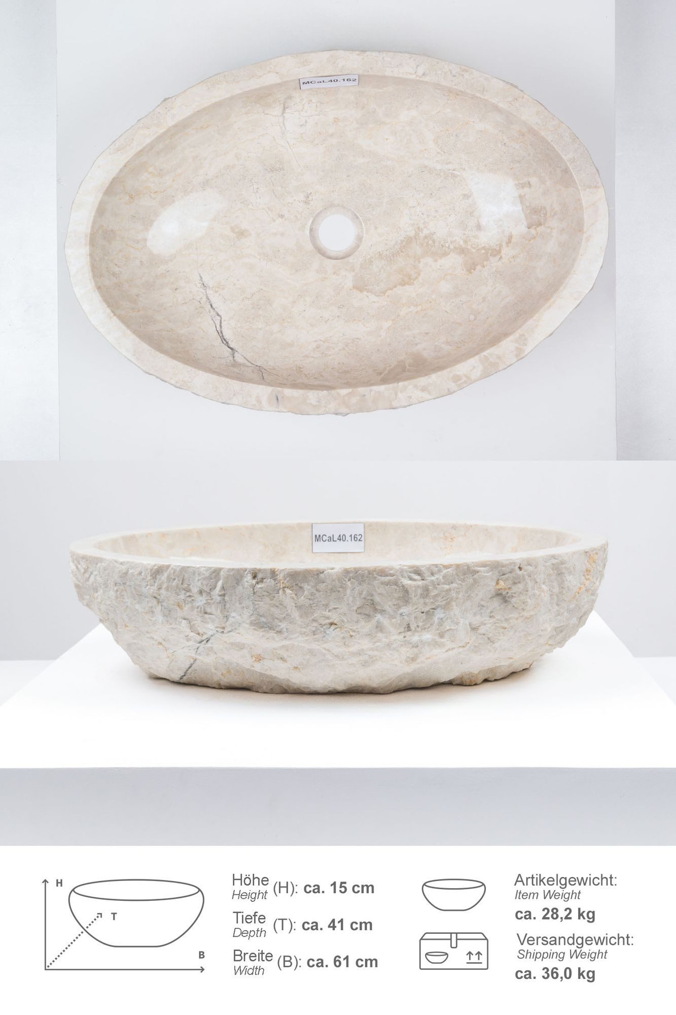 wohnfreuden Aufsatzwaschbecken Erosi Marmor Waschbecken 60 cm creme (Kein Set), 102276_MCaL40.162