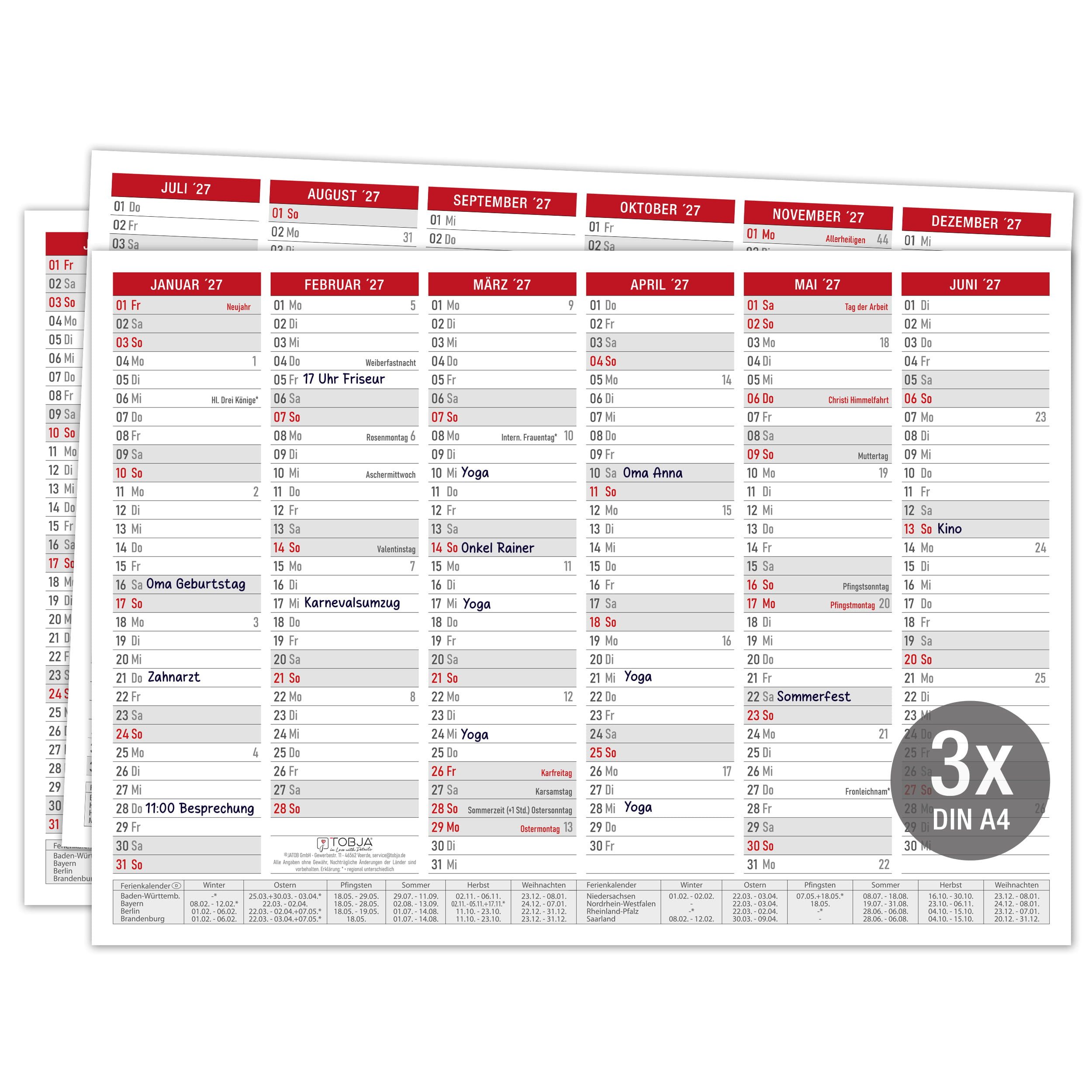TOBJA Wandkalender Tafelkalender 2027 Rot DIN A4 3er Set Halbjahreskalender Ferien, 350g Papier, Ferien & Feiertage, Kalenderwochen, Halbjahres, A4