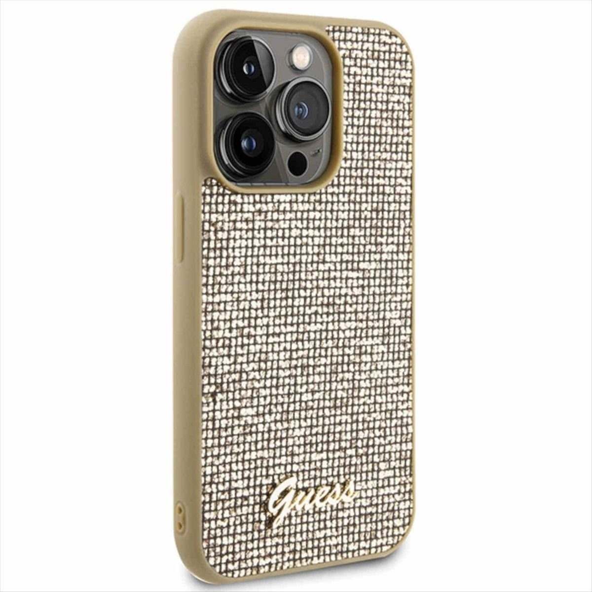 Guess Smartphone-Hülle Guess Apple iPhone 15 Pro Schutzhülle Cover Disco Metal Script Gold