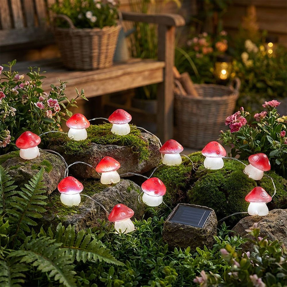 etc-shop LED Solarleuchte, LED-Leuchtmittel fest verbaut, Solar Lichterketten Außen Dekolampen Gartendeko 12x LED Fliegenpilze