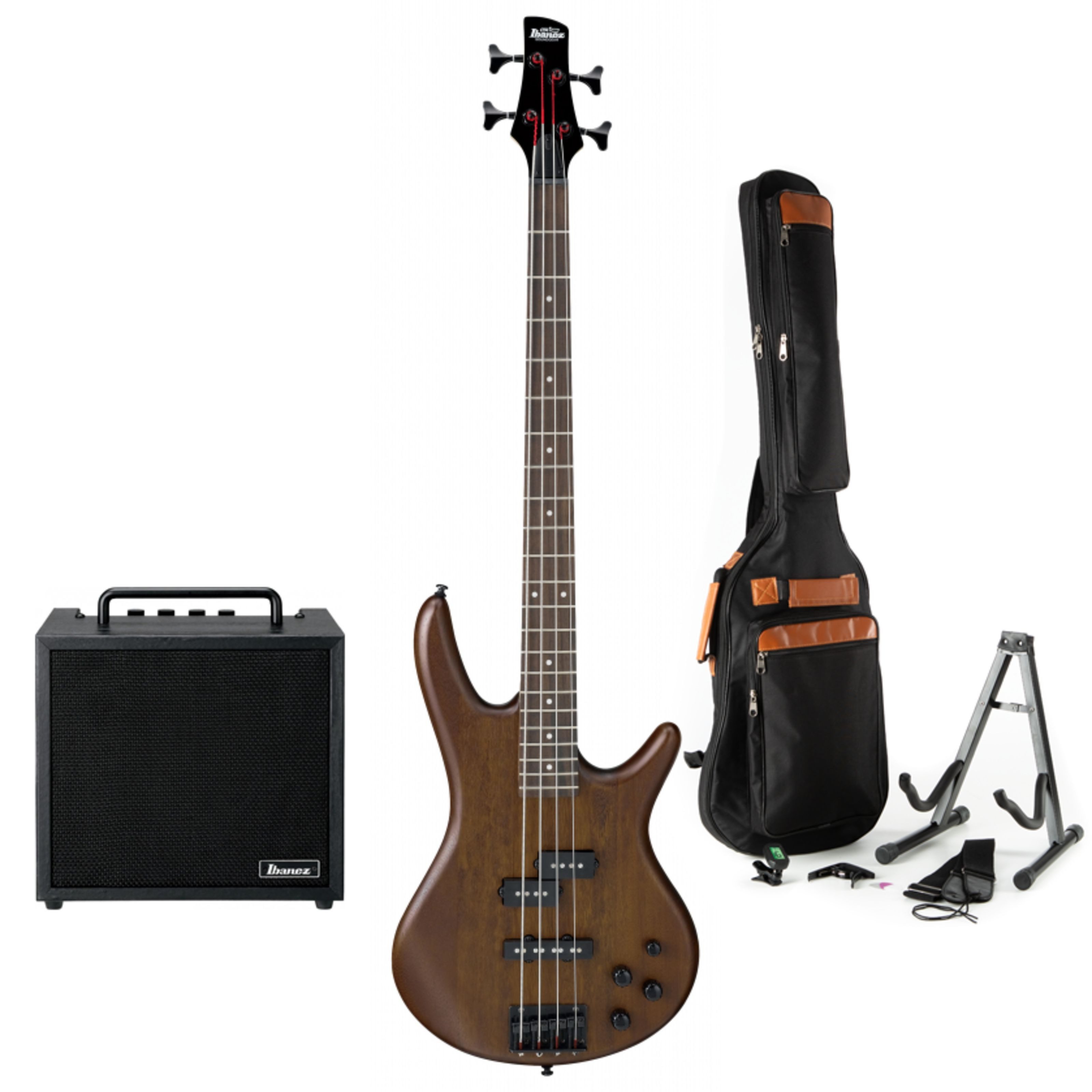 Ibanez E-Bass, E-Bass Set GSR200B-WNF mit Verstärker und Zubehör Mahagoni Korpus Ahorn Hals Aktiv mit Phat II EQ Walnut Finish, E-Bässe, Bass-Sets, Gio GSR200B-WNF + IBZ10 - Pack basse électrique-Set