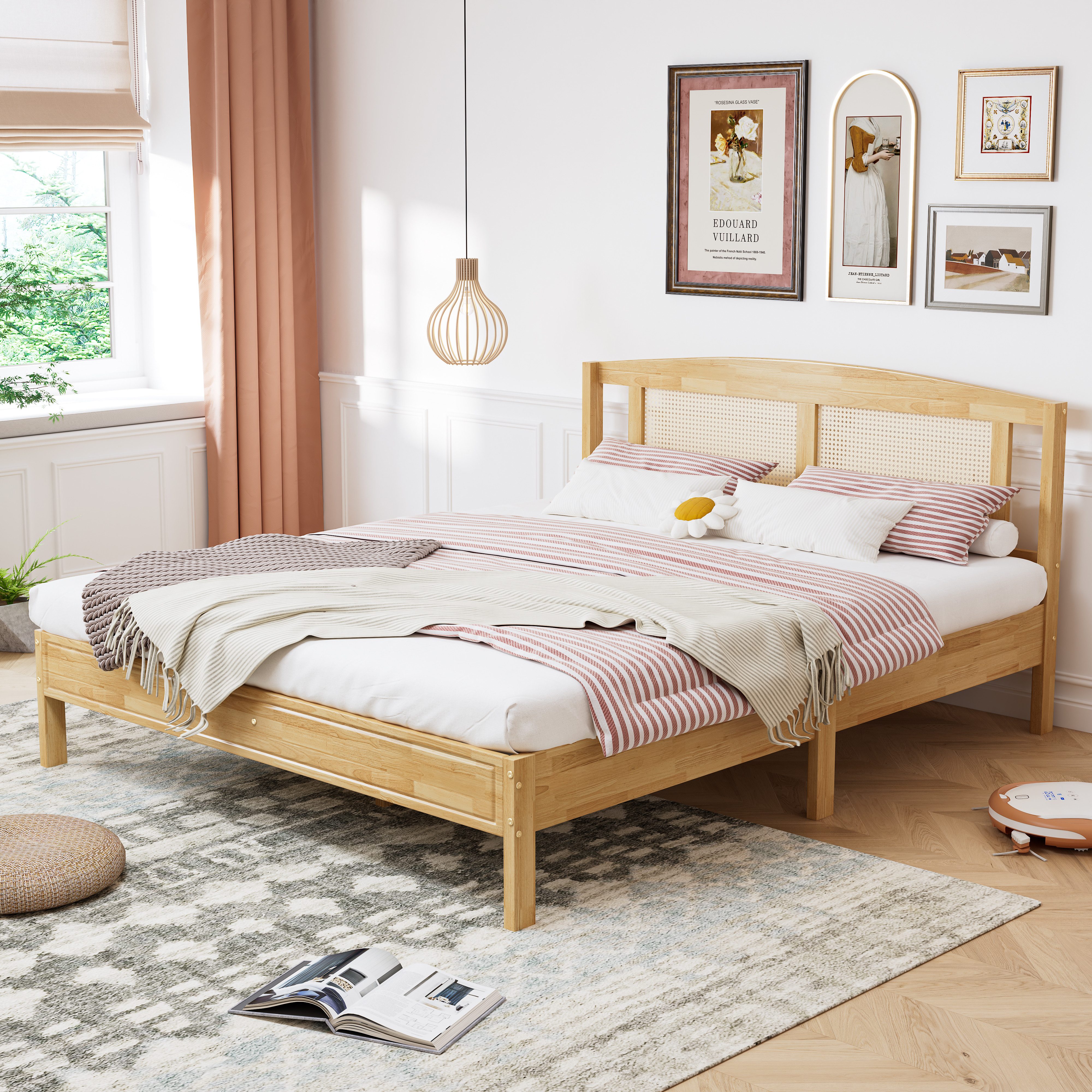 REDOM Holzbett Rattanbett Gästebett Doppelbett (Rattannetzkissen, mit 15 Latten und Mittelfüße, Kiefer + PE-Rattan, 160X200cm), ohne Matratze
