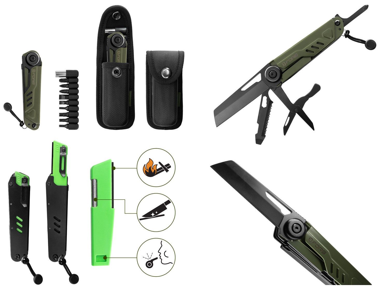 Delphin.sk Universalmesser Multifunktionsmesser FORS - Bits, Pfeife, Feuerstein uvm. - Camping, (Spar-Set), 20 Funktionen, vielseitiger Helfer der jedes Problem löst
