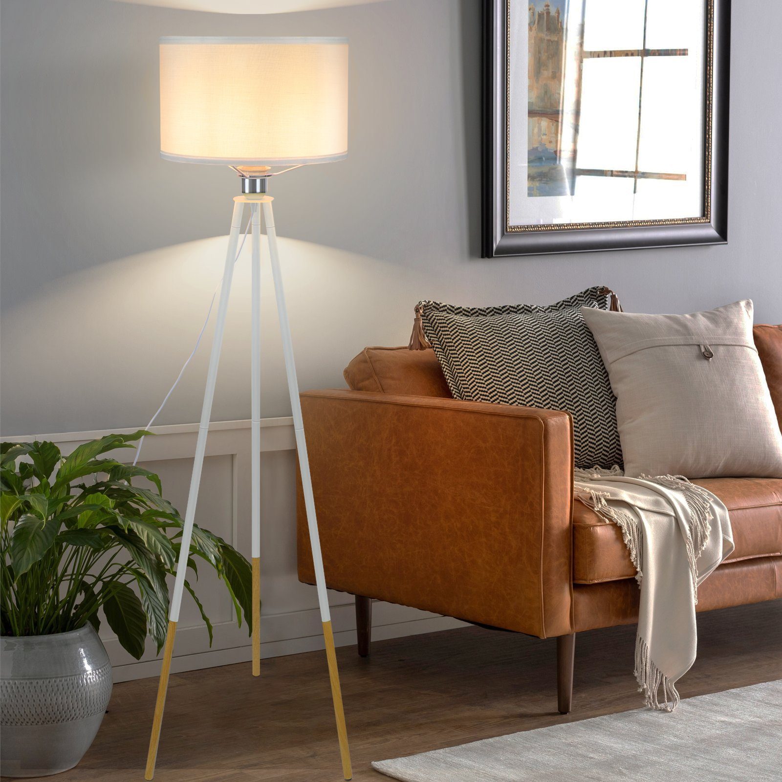Dreibein, Wohnzimmer Landhausstil ohne Standleuchte - Weiß, ZMH 130.5cm E27 Modern Holz Leuchtmittel, LED Stehlampe Montage, Mit Einfache