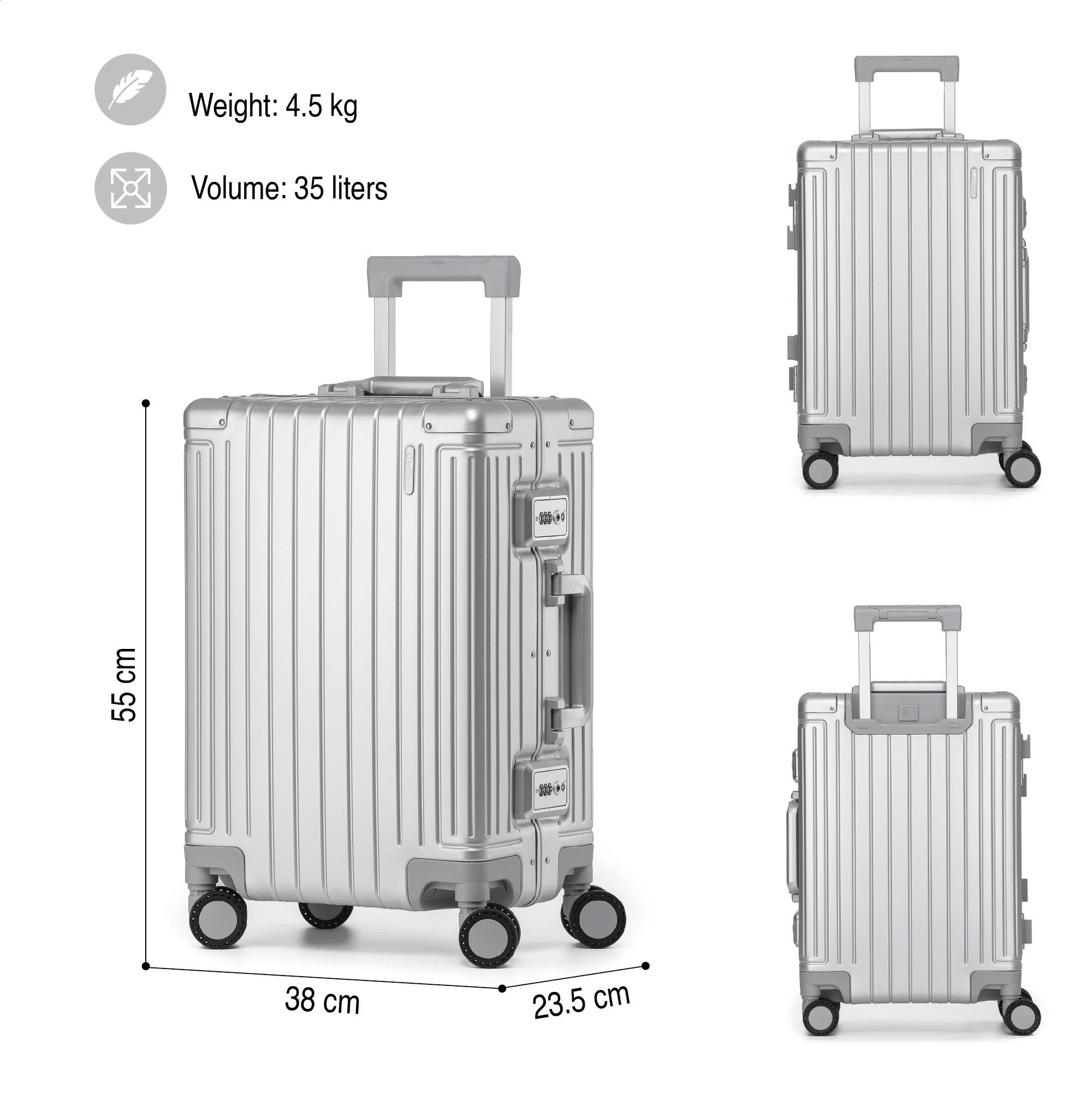 KOFA Handgepäckkoffer GENEVA, 55cm 100% Aluminium Hartschale, 4 Rollen, TSA Schloss