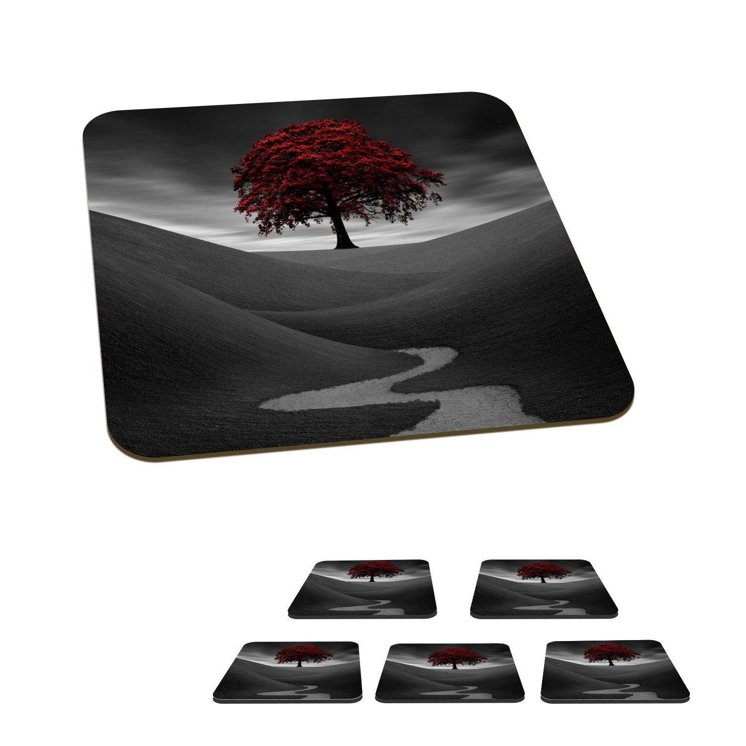 MuchoWow Glasuntersetzer Schwarz-Weiß-Foto mit einem roten Baum, Zubehör für Gläser, 6-tlg., Glasuntersetzer, Tischuntersetzer, Korkuntersetzer, Untersetzer, Tasse