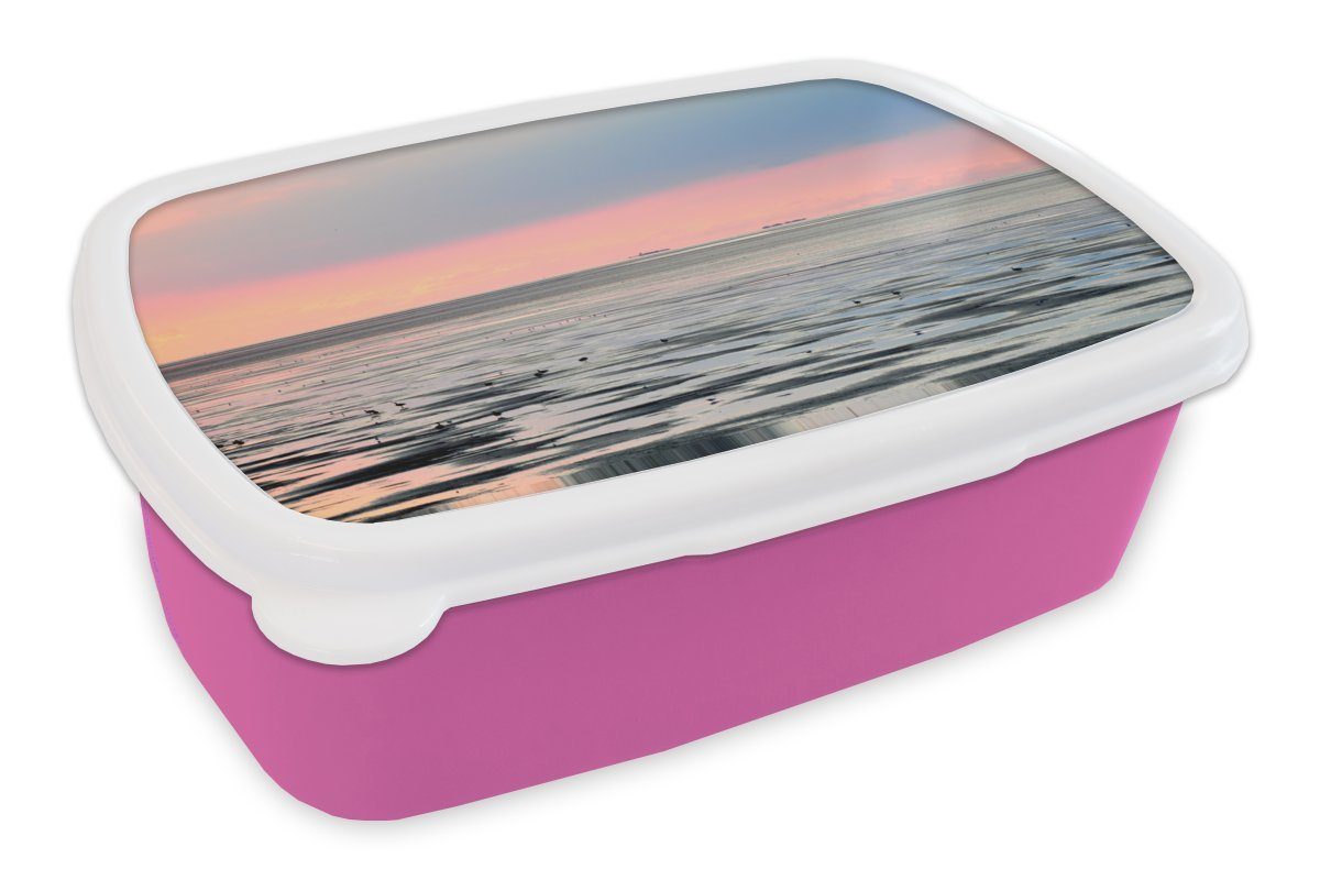 MuchoWow Lunchbox Meer - Vogel - Sonne, Kunststoff, (2-tlg), Brotbox für Erwachsene, Brotdose Kinder, Snackbox, Mädchen, Kunststoff rosa