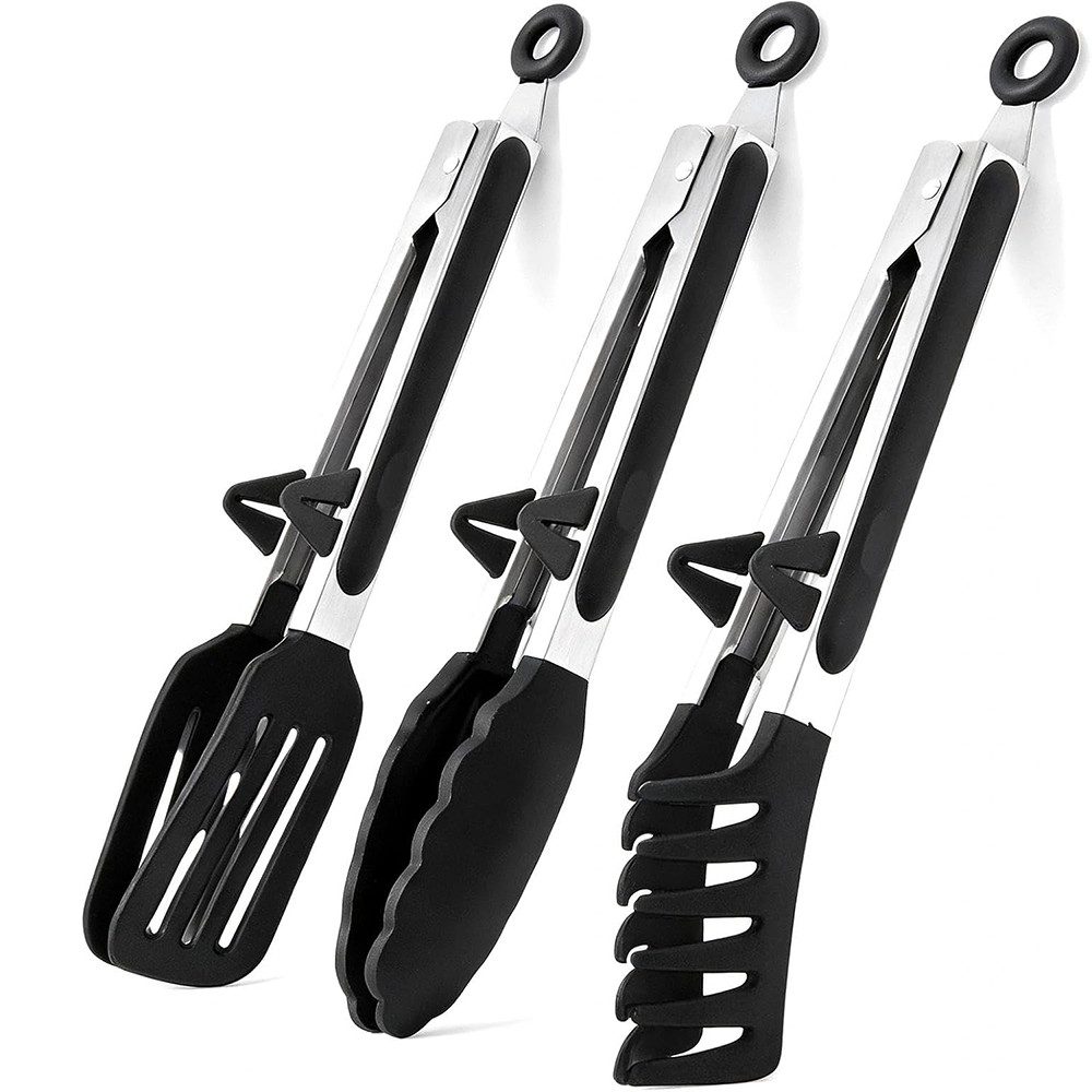 TUWENA Kochzange Küchenzange Silikon 3er-Set, Edelstahl Zange Küche mit Silikonspitzen, Grillzange Silikon mit 3 Haken, Grill, Pasta & Salad Cooking Utensils