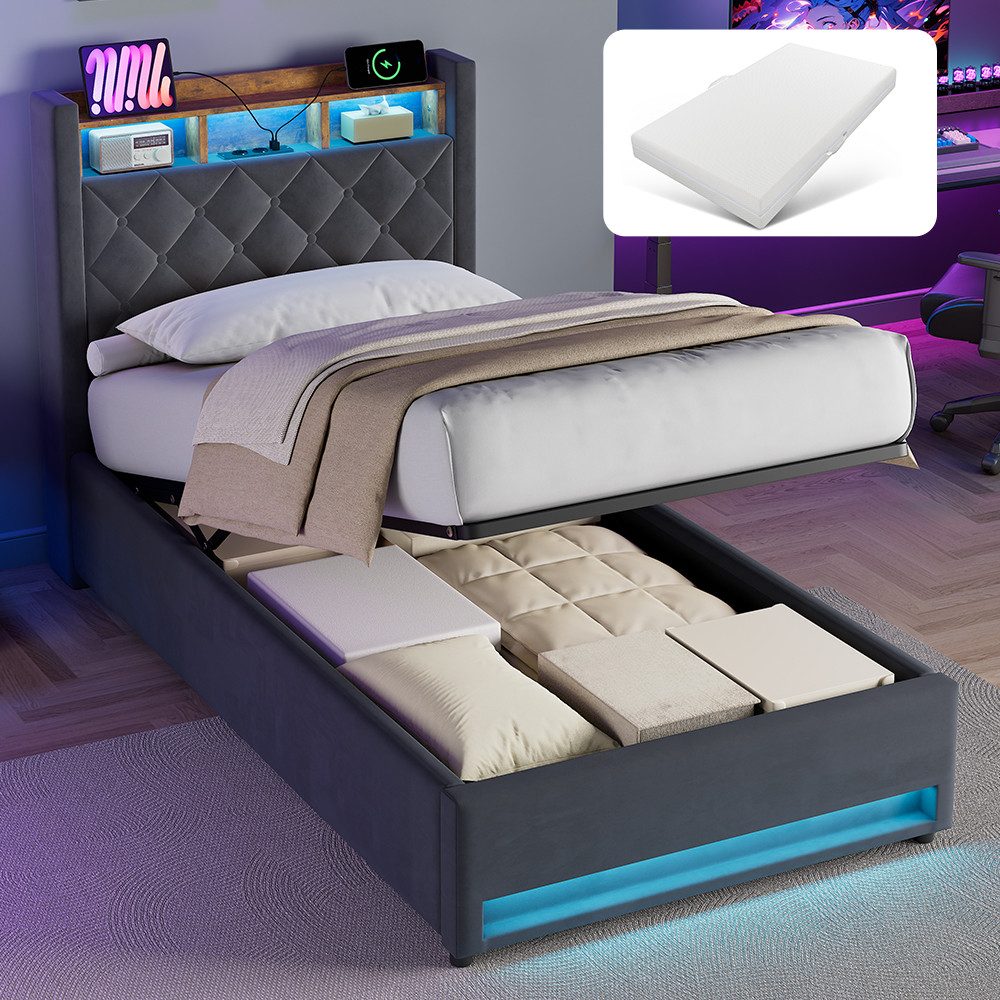 REDOM Polsterbett mit Premium-Samt – Stabil, Komfortabel, Zeitlos (Robuster Holz-Eisen-Rahmen • Atmungsaktiver Schaum • Inklusive Lattenrost, 2-tlg), Mit LED-Lichtleiste und USB-Aufladung