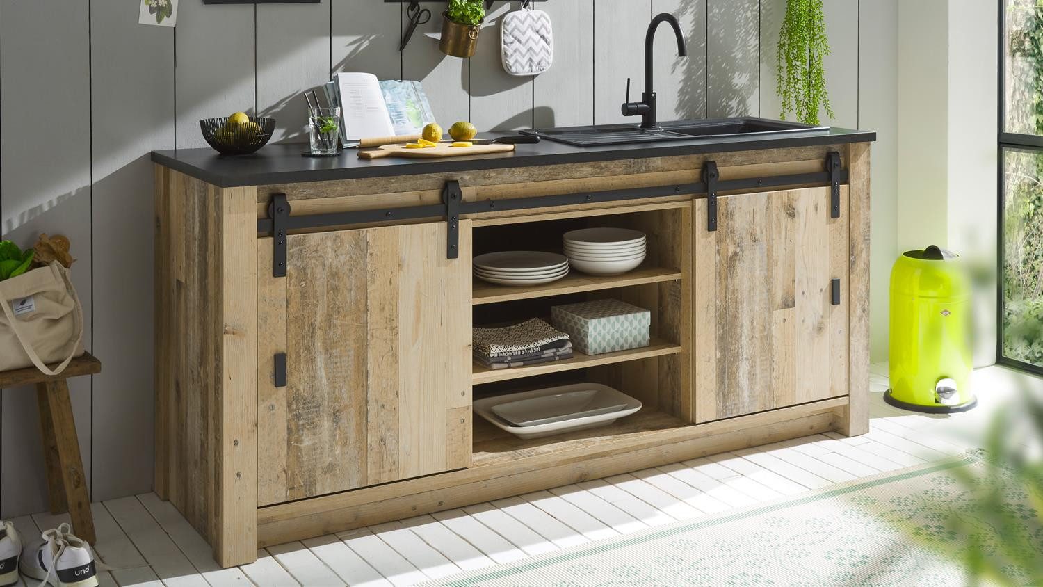 Möbel Akut Spülenschrank Spültisch Sherwood Küchenschrank Old Style hell 2 trg. 201 cm