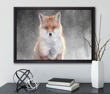 Pixxprint Leinwandbild Roter Fuchs im Winter B&W Detail, Wanddekoration (1 St), Leinwandbild fertig bespannt, in einem Schattenfugen-Bilderrahmen gefasst, inkl. Zackenaufhänger