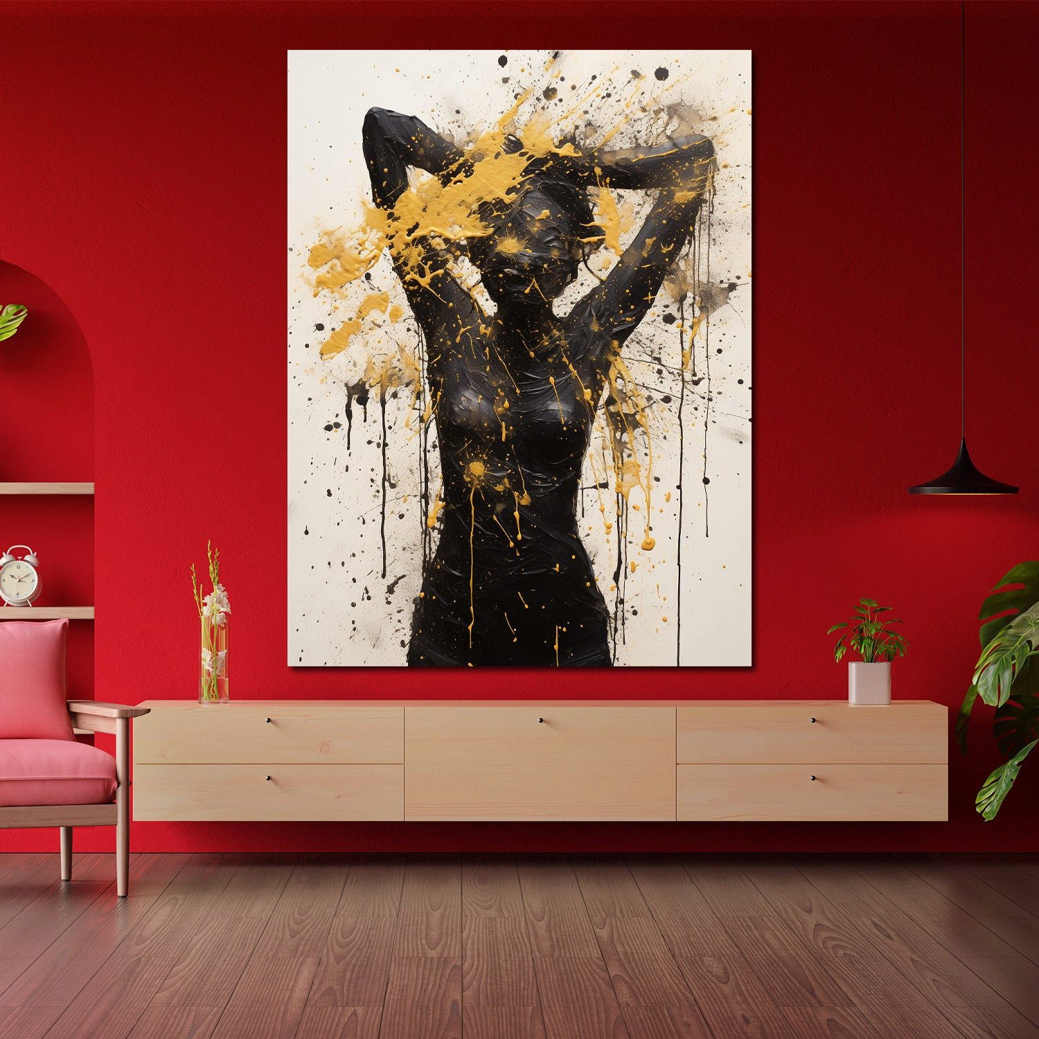 Artedinoi Leinwandbild Frau Silhouette Gold Schwarz abstrakt Leinwandbild Kunstdruck XL Deko, Frau in Schwarz, abstrakt