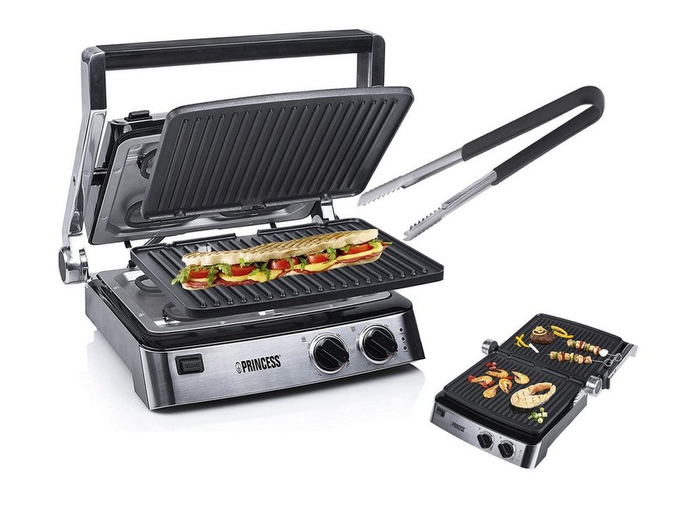 PRINCESS Kontaktgrill, 2000 W, Elektro-Grill mit Zange abnehmbare Platten  Multi Indoor Paninimaker