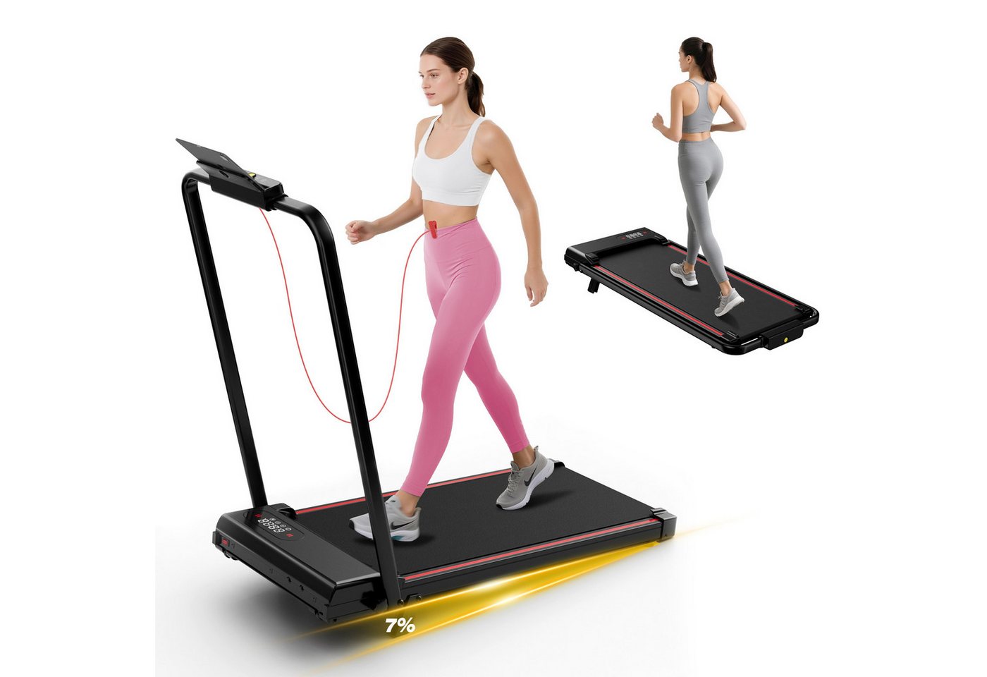 Dskeuzeew Laufband - Klappbares Laufbänder mit 7 % Steigung – 3-in-1-Laufband (mit Armlehnen und LED-Display - Lauffläche 38,5 x 90 cm), Walking Pad 1–8 km/h einstellbar - Motor 2,5 PS - Bis 130 kg