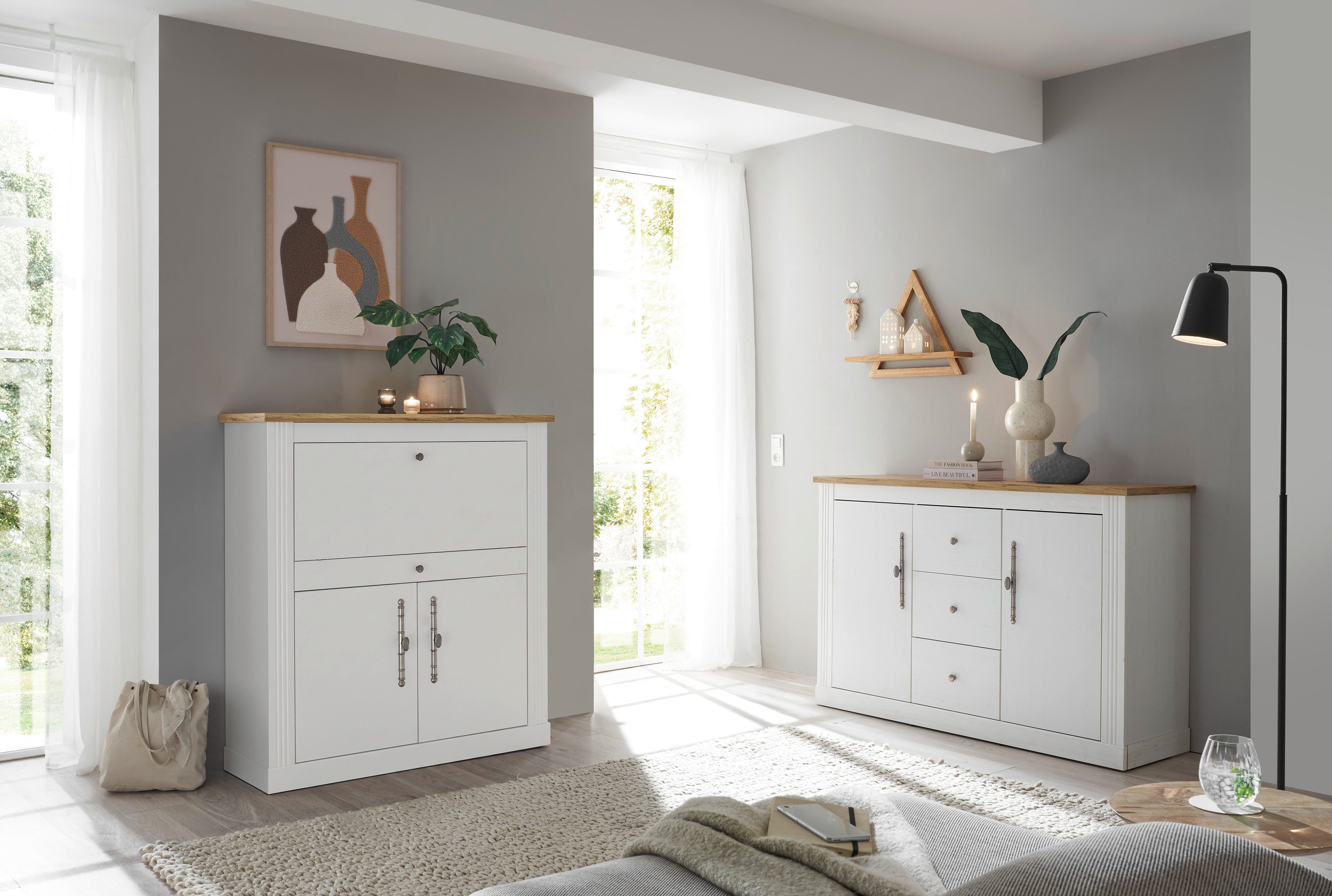 OTTO home Büromöbel-Set Westminster, wohnliches Home-Office, Büro in zwei Farben verfügbar, (Set, 2-tlg), enthält Sekretär und Sideboard im Landhausstil, mit Kabelkanal