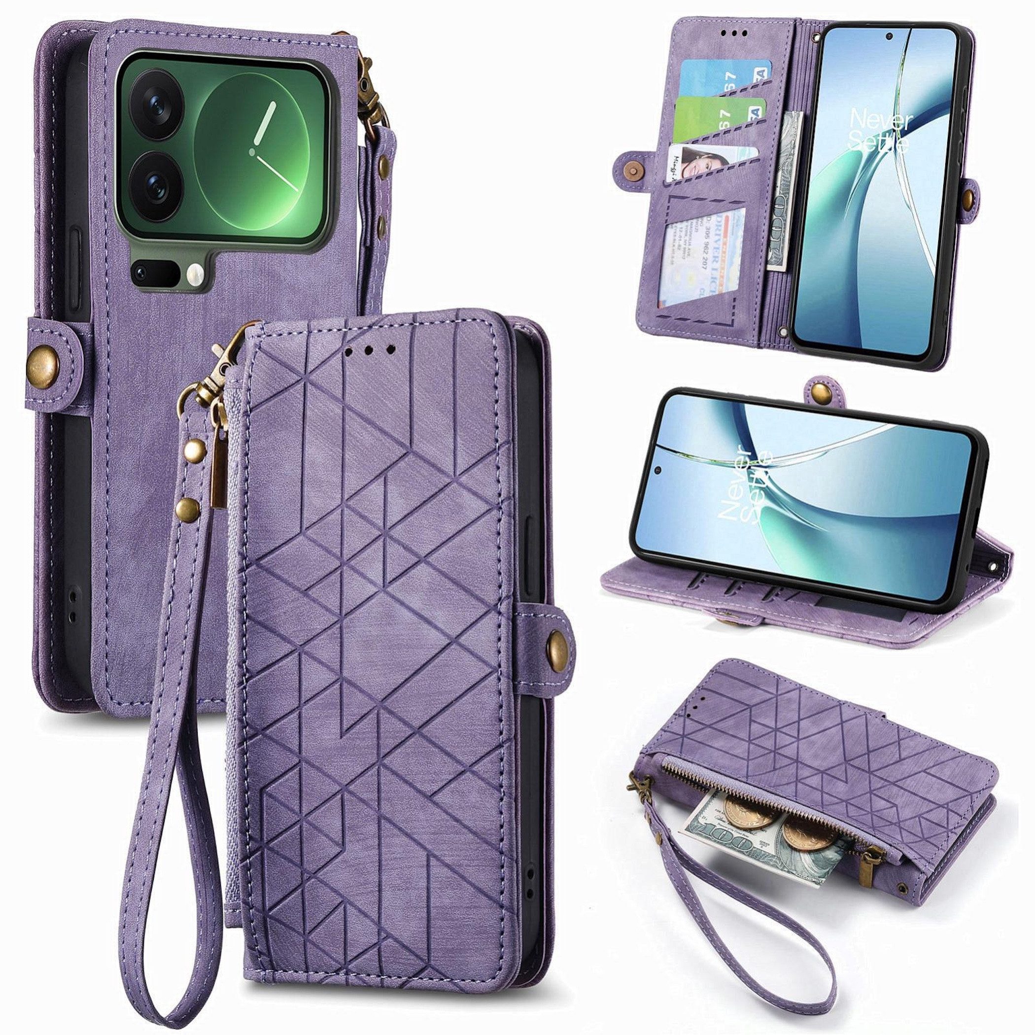 Wigento Handyhülle Für Xiaomi 17 Pro Max Geometric Kunstleder Zipper Book Hülle Lila, Kartenfächer, Reißverschlussfach, Standfunktion