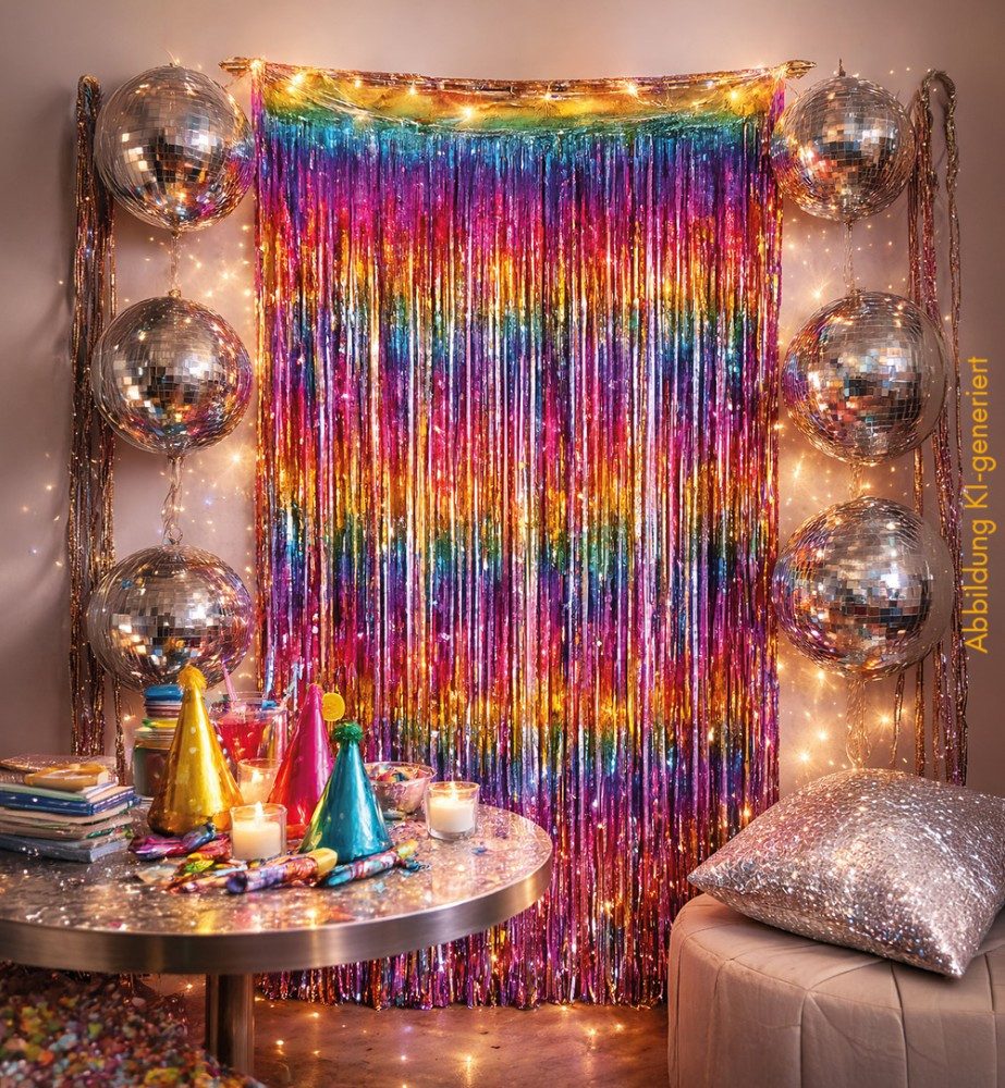 Fries Vorhang Lametta Vorhang Gardine 100 x 200 cm in 5 Farben wählbar Karneval, Leicht kürzbar
