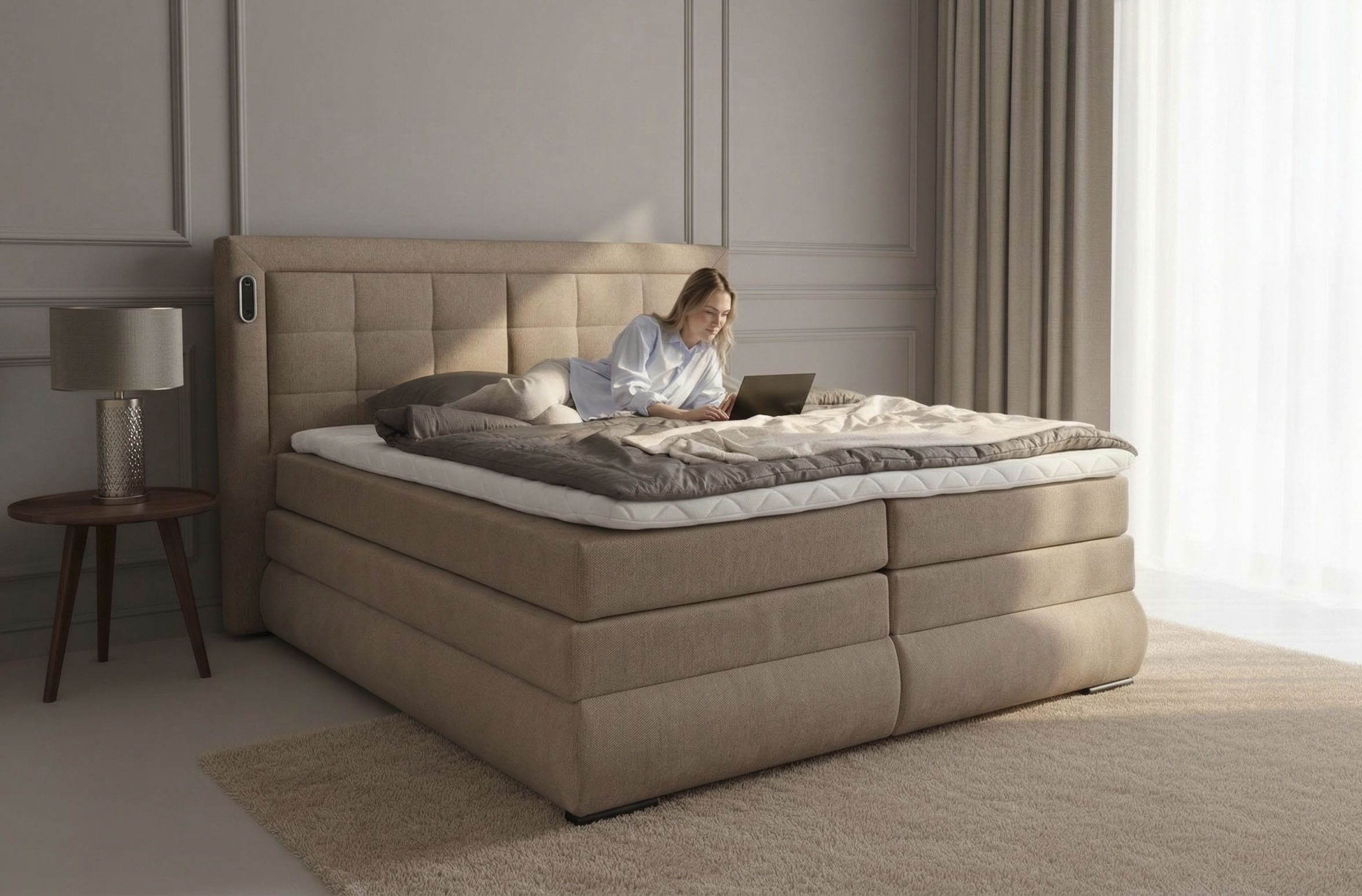 OTTO home Boxspringbett MIVVA mit Bettkasten, mit Taschenfederkernmatratze H3, H3/H4 mix, H4 (mit hochwertigem Strukturstoff, wahlweise mit LED-Leuchten), mit K – Bild 5 von 5