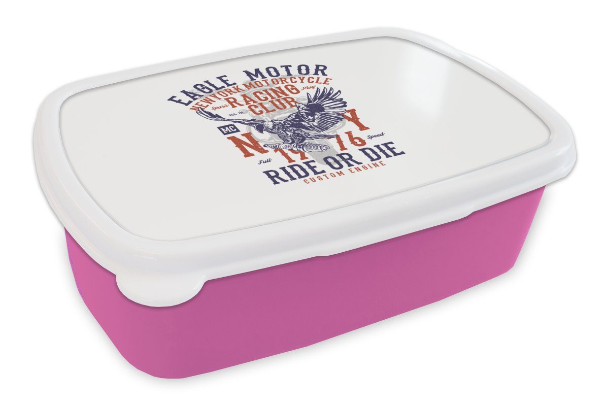 MuchoWow Lunchbox Mancave - Motor - Vogel - Adler - Vintage, Kunststoff, (2-tlg), Brotbox für Erwachsene, Brotdose Kinder, Snackbox, Mädchen, Kunststoff rosa