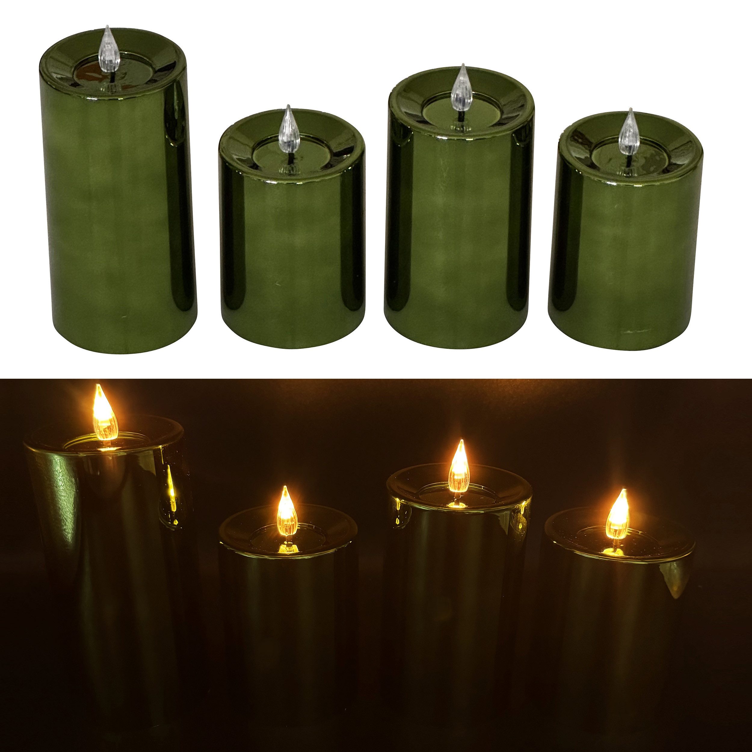 Online-Fuchs LED-Kerze 4 LED Kerzen mit 6-Stunden Timer und Hochglanz Oberfläche (in den Farben Silber, Rot, Rosé, Blau und Grün, realistische Flamme aus Acrylglas), Outdoor geeignet - Deko für Herbst, Winter und Weihnachten