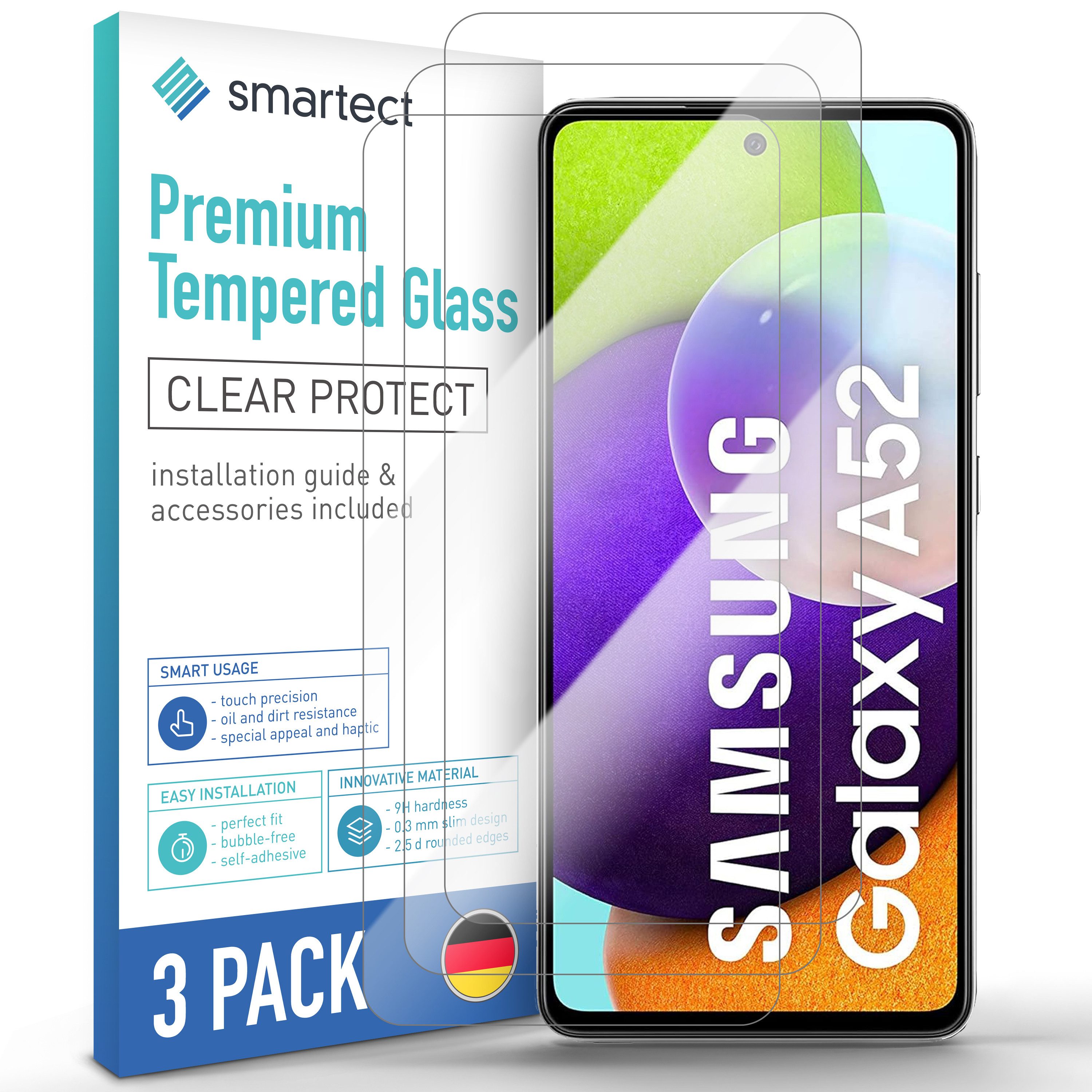 smartect Displayschutzglas 3X Schutzglas Panzerfolie für Samsung Galaxy A52 4G/ A52 5G/ A52s 5G für Samsung Galaxy A52 4G/ A52 5G/ A52s 5G, Set, 3 Stück, 0.3 mm Ultra-klar, 9H Härte, Kratzfest, Stoßfest, Blasenfrei, Oleophob