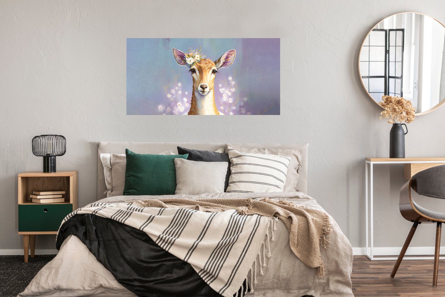 Bild Wanddeko - Blumen Hirsche - Wandposter, MuchoWow Gemälde Schlafzimmer, (1 Rahmen, Porträt Poster - - Wohnzimmer, St), Tiere, für Ohne