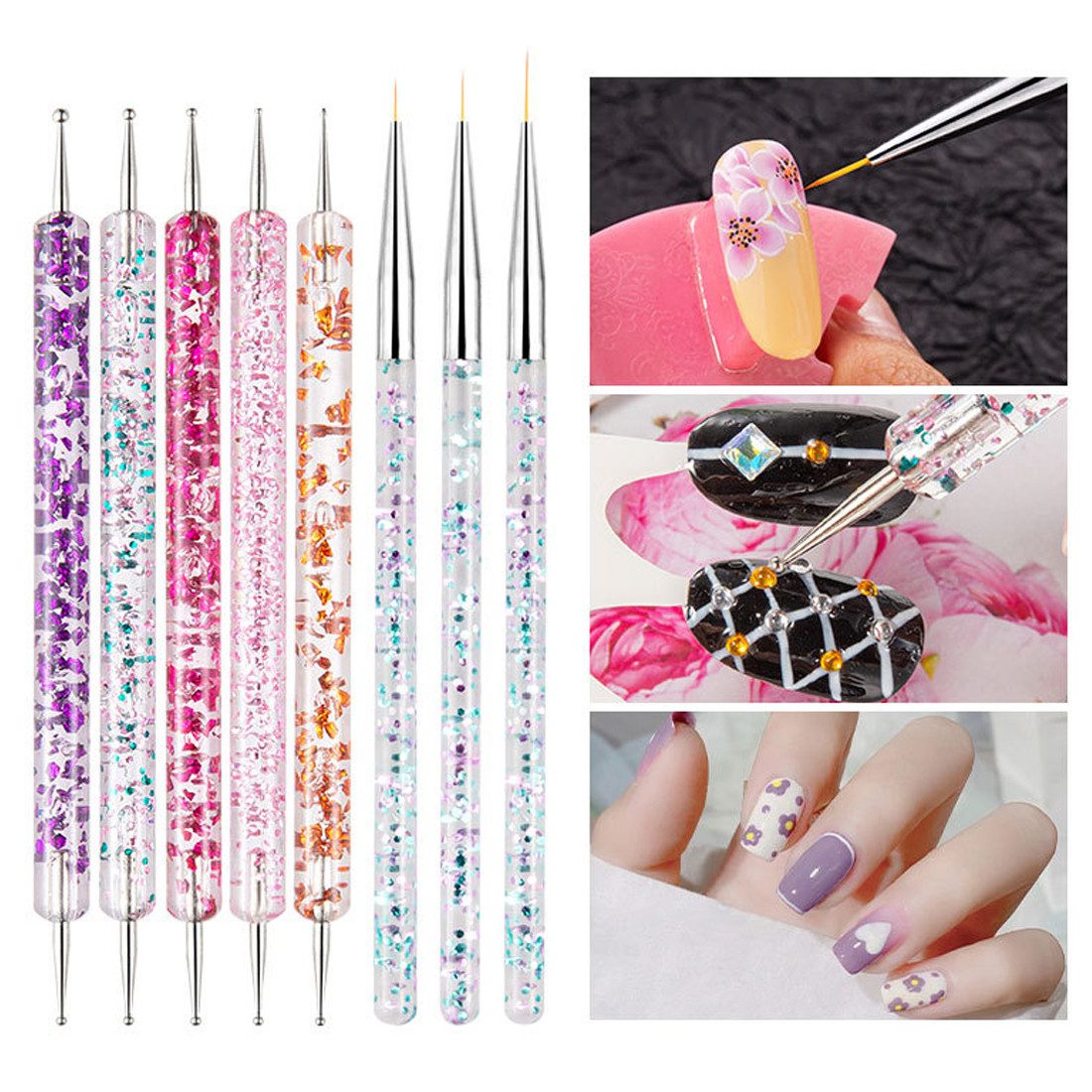 DEBAIJIA Nageldesign Zubehör 5 Stücke Dotting Pen Nail Art Tools und 3 Stücke Acryl Nail Art Pinsel