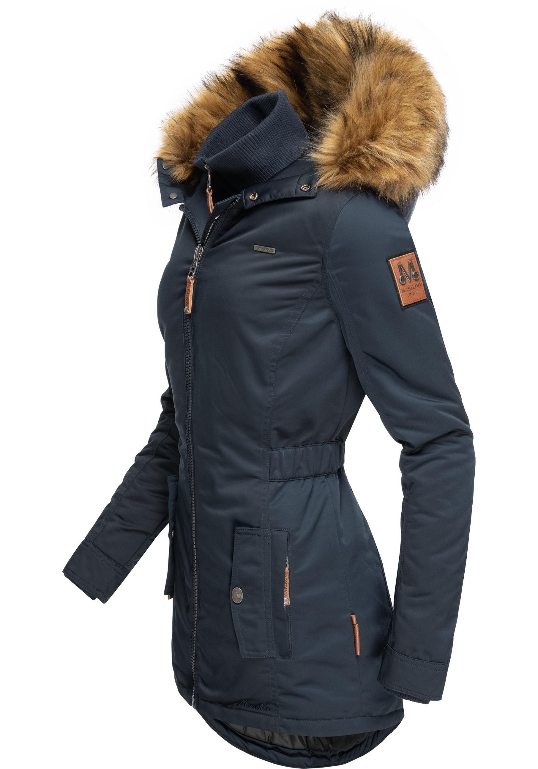 Marikoo Wintermantel Sanakoo schicker Damen Kurzmantel mit Kunstfellkapuze