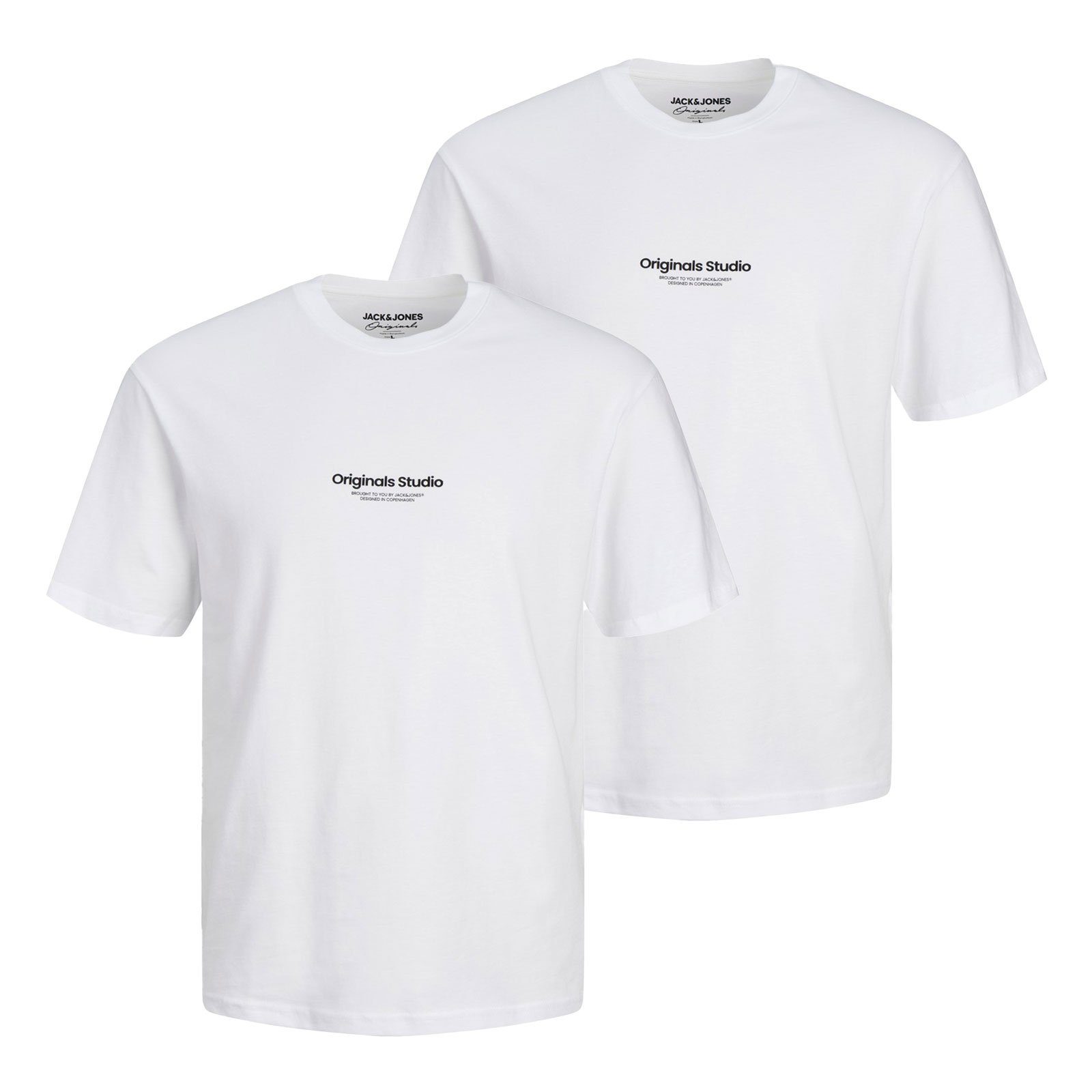Pack Neck der & modischem Vorderseite Jorvesterbro auf 2er Schriftzug Tee Jack bright SS Jones Crew white mit T-Shirt