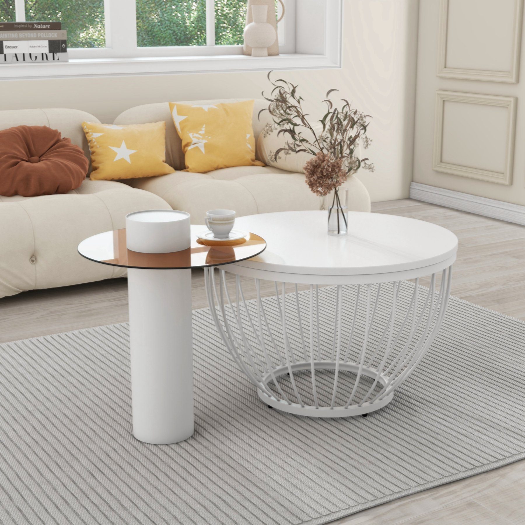 Celya Vogelnest-Design, MDF & 2er Elegantes weiß PVC Set Couchtisch Couchtische, Holzoptik