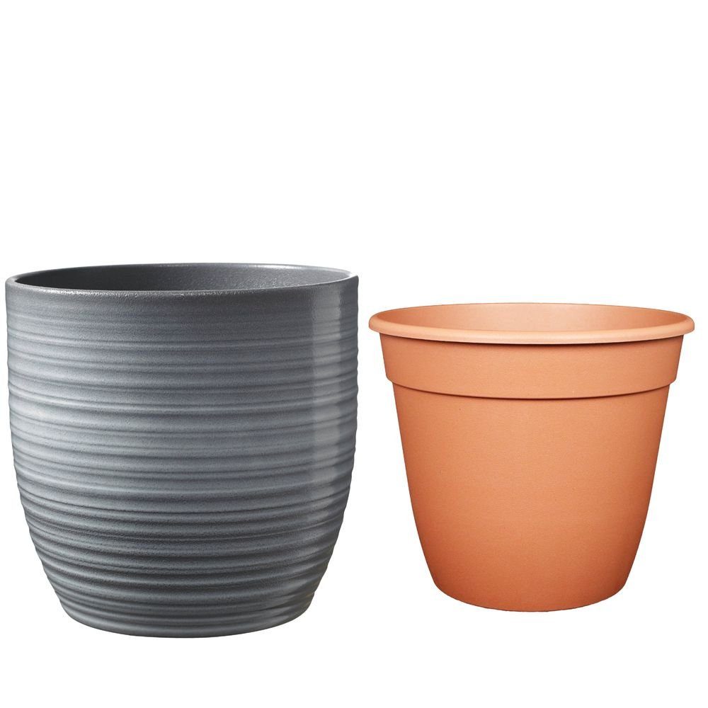 Heimwerkercenter Übertopf Set - Keramikübertopf Bergamo ø13 cm, hellgrau + Pflanztopf ø12