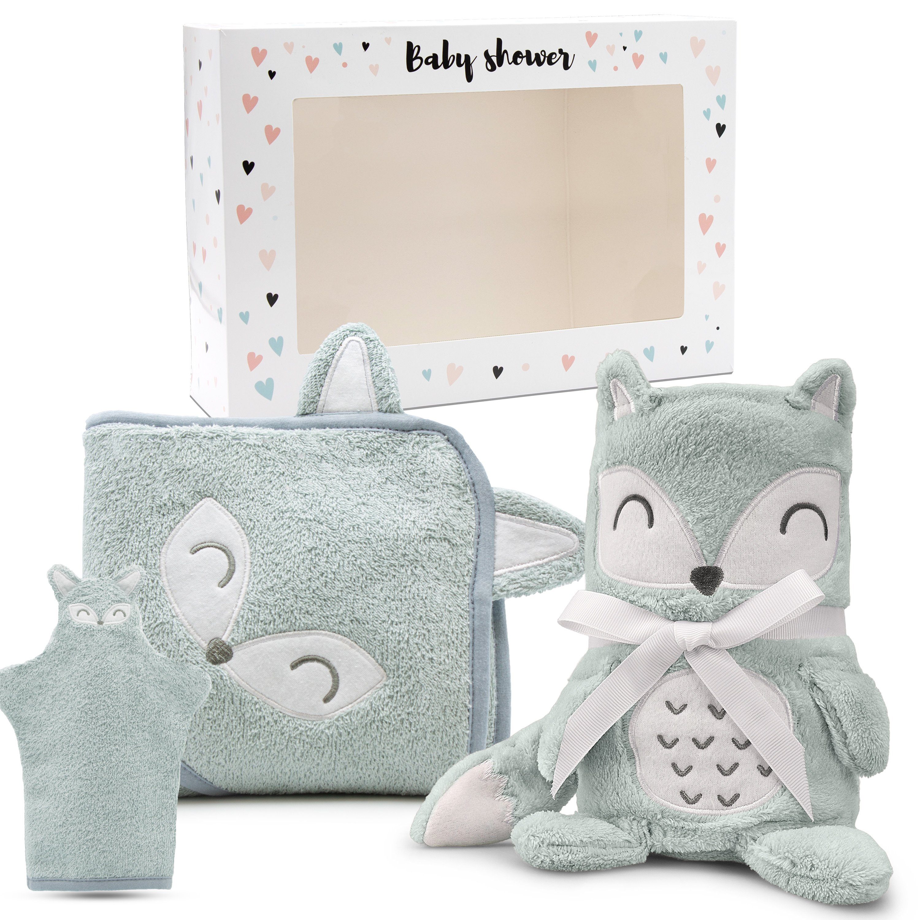 Babykajo Neugeborenen-Geschenkset (mit Karton, 3-tlg) Babydecke + Baby Kapuzenhandtuch + Waschlappen Fuchs