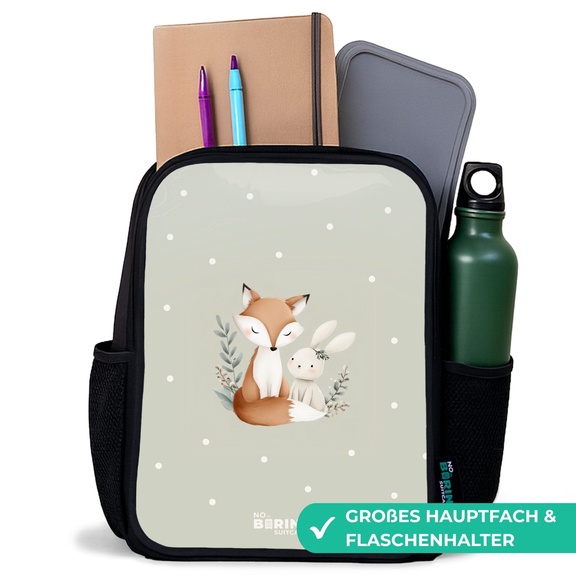 NoBoringSuitcases.com© Rucksack Fuchs und Kaninchen umgeben von grünen Blättern und Punkten, Kinderrucksack Schwarz, Schulrucksack, Freizeitrucksack Jungen Mädchen