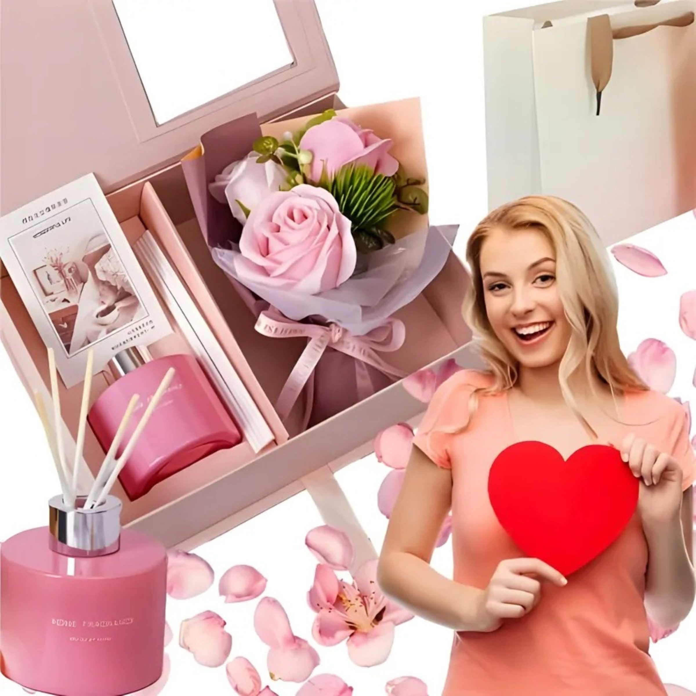 AMORE MIO Dekoobjekt Seifenrosen Geschenkset mit Duftdiffusor in Geschenkbox (Geschenkset mit Seifenrosen Duftdiffusor und dekorativer Box, Seifenrosen Strauß und Duftdiffusor in dekorativer Geschenkbox), Seifenrosen, Duftdiffusor, Geschenkbox Magnetverschluss