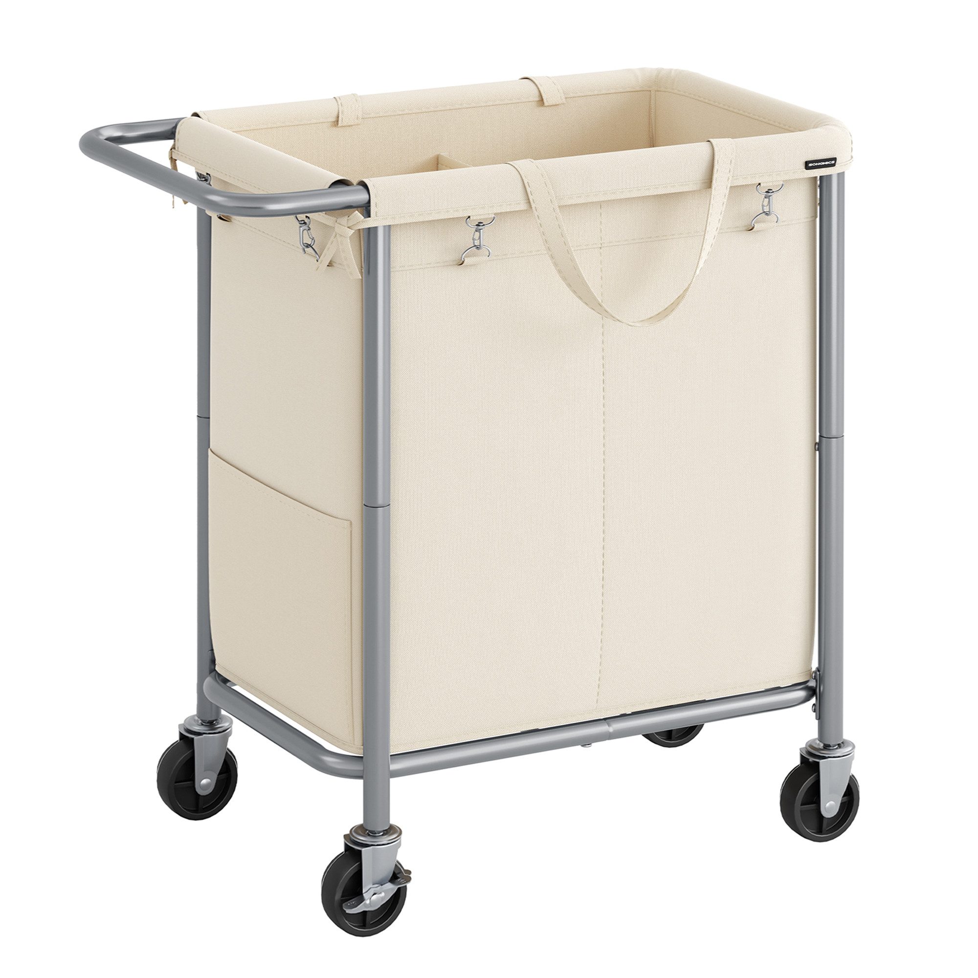 SONGMICS Wäschekorb Wäschesammler, Wäschewagen, Wäschesack abnehmbar, Stahlrahmen, 2 Fächer, 140 Liter, mit Rollen, mit Griff, geräumig, 69 x 39 x 81 cm