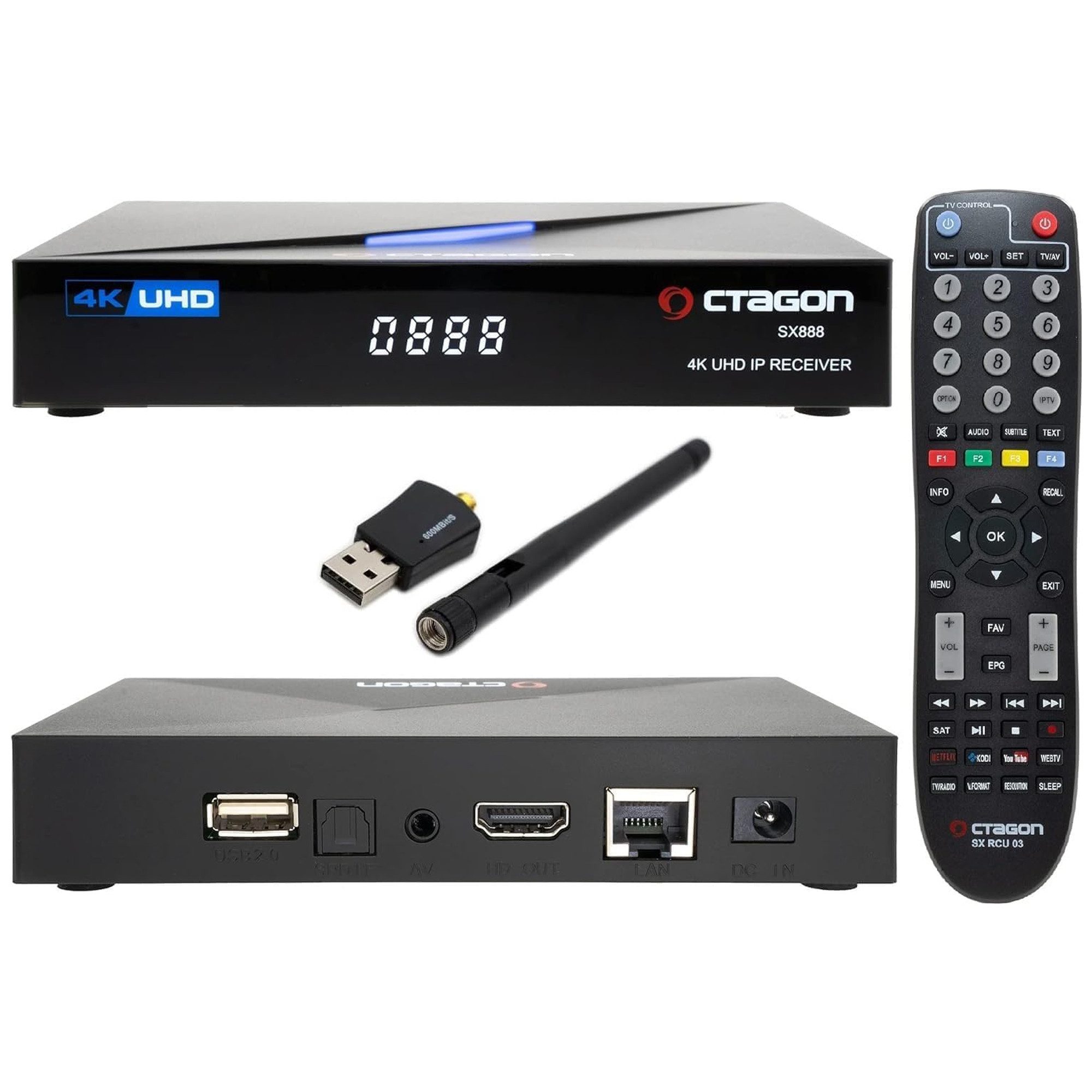 Streaming-Box SX888 4K UHD IP H.265 HEVC IPTV Set-Top Box + 600 Mbits Wifi Stick
