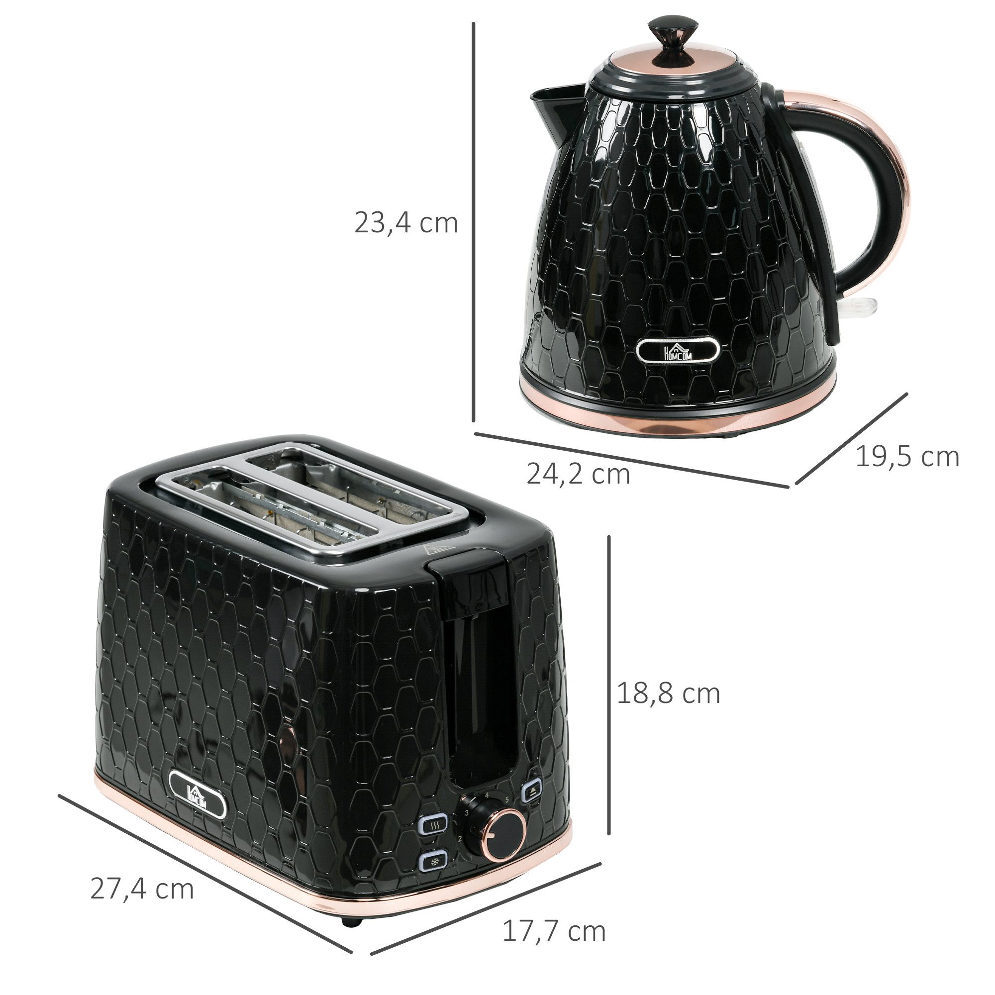 HOMCOM Frühstücks-Set Wasserkocher mit automatischer Abschaltung, 2-Scheiben-Toaster (2-tlg), Set in Schwarz, Schnellkochfunktion – Bild 3 von 5