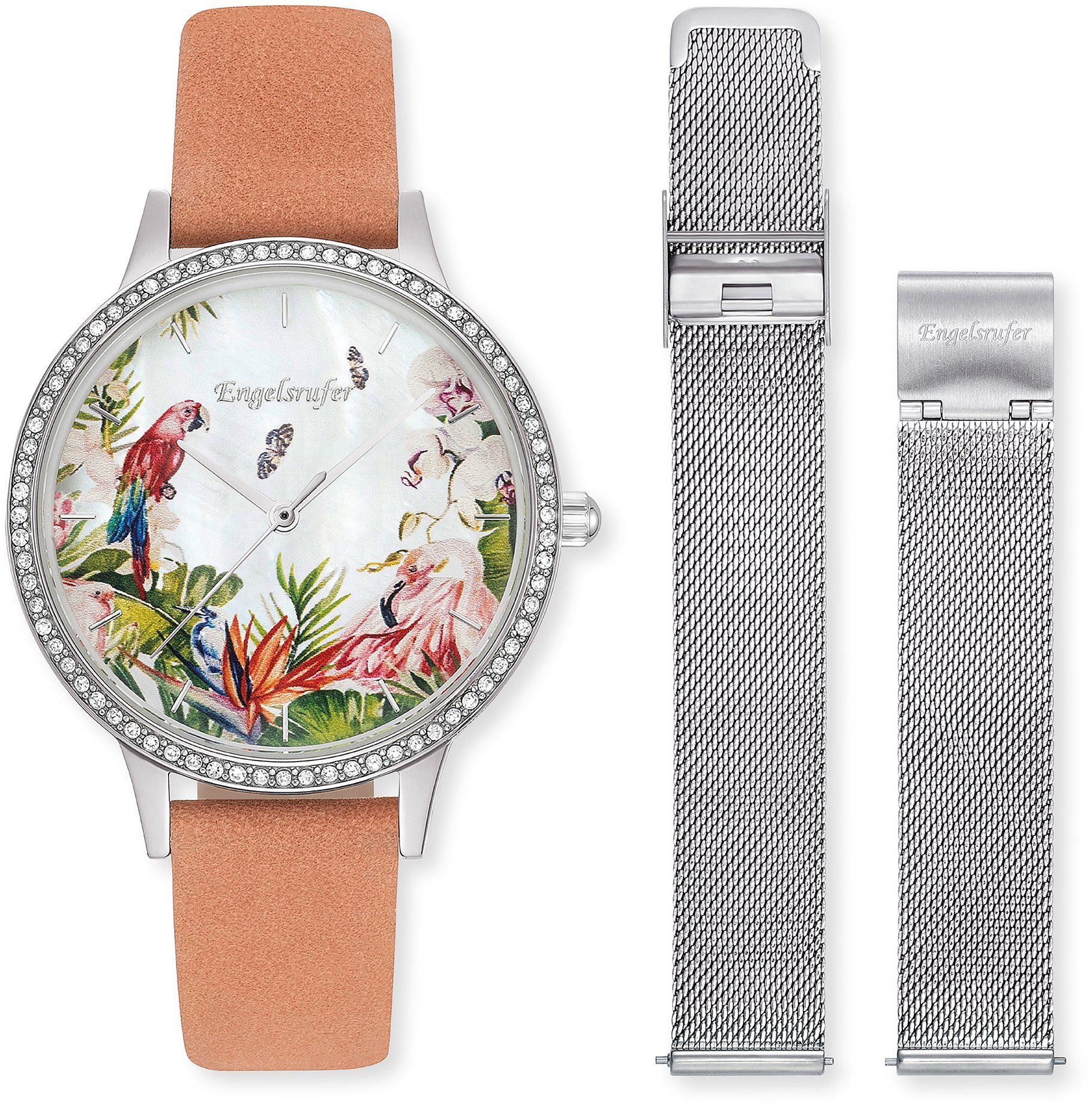 Engelsrufer Quarzuhr Paradise ERWO-PARADISE-01, (Set, 2-tlg., mit Wechselband), Armbanduhr, Damenuhr, Lederarmband, Ideal auch als Geschenk, analog