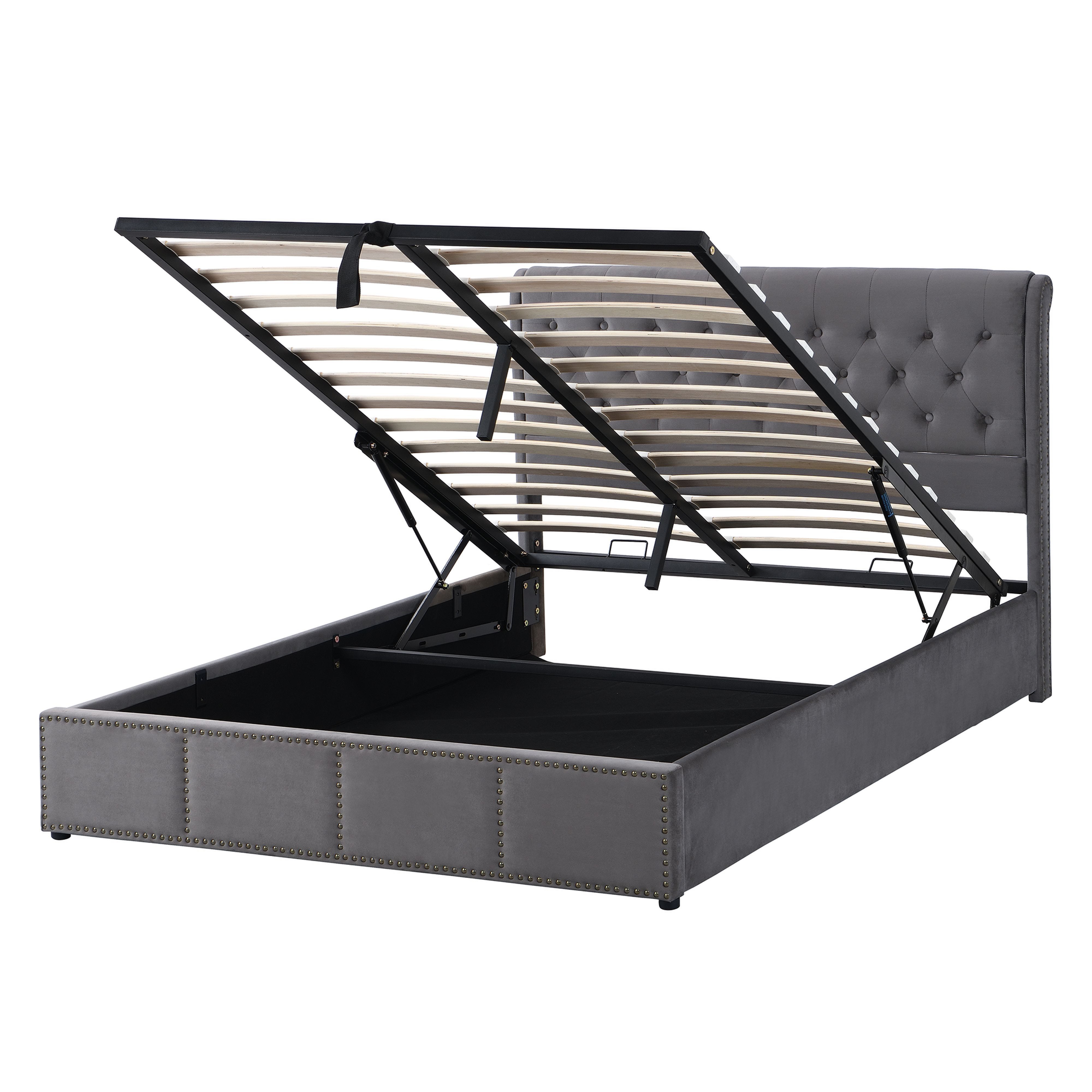 BlingBin Polsterbett Mit Hydraulikhebel, Funktionsbett Von Aufbewahrung (1er Set, 1-tlg., 140 x 200 cm, Ohne Matratze, Max Belastbarkeit: 300KG), Nietenverzierung, Samt, Grau