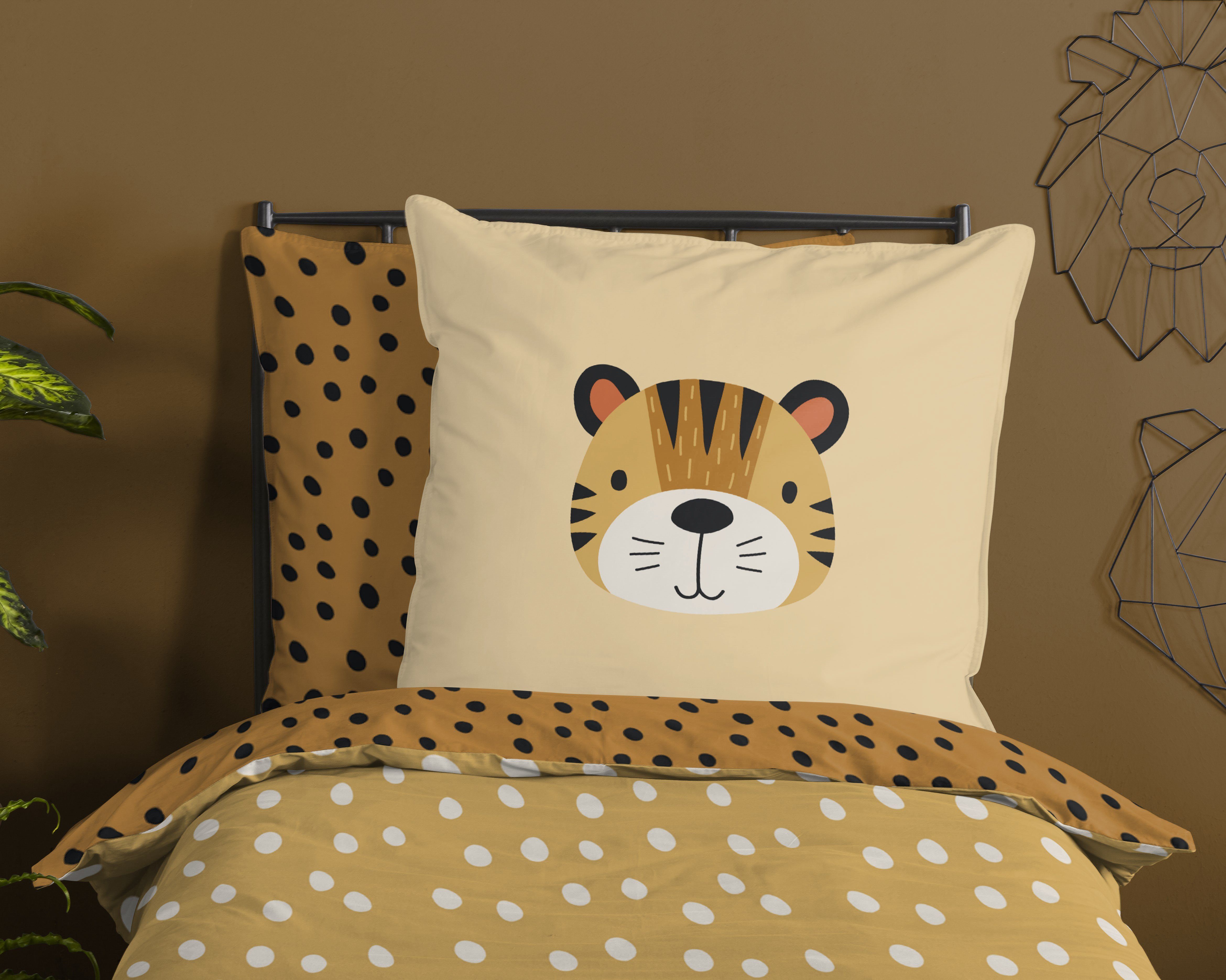 Bettwäsche Pastell Tiger Löwe Leo gelb Ocker gepunktet, soma, Baumolle, 2  teilig, Bettbezug Kopfkissenbezug Set kuschelig weich hochwertig
