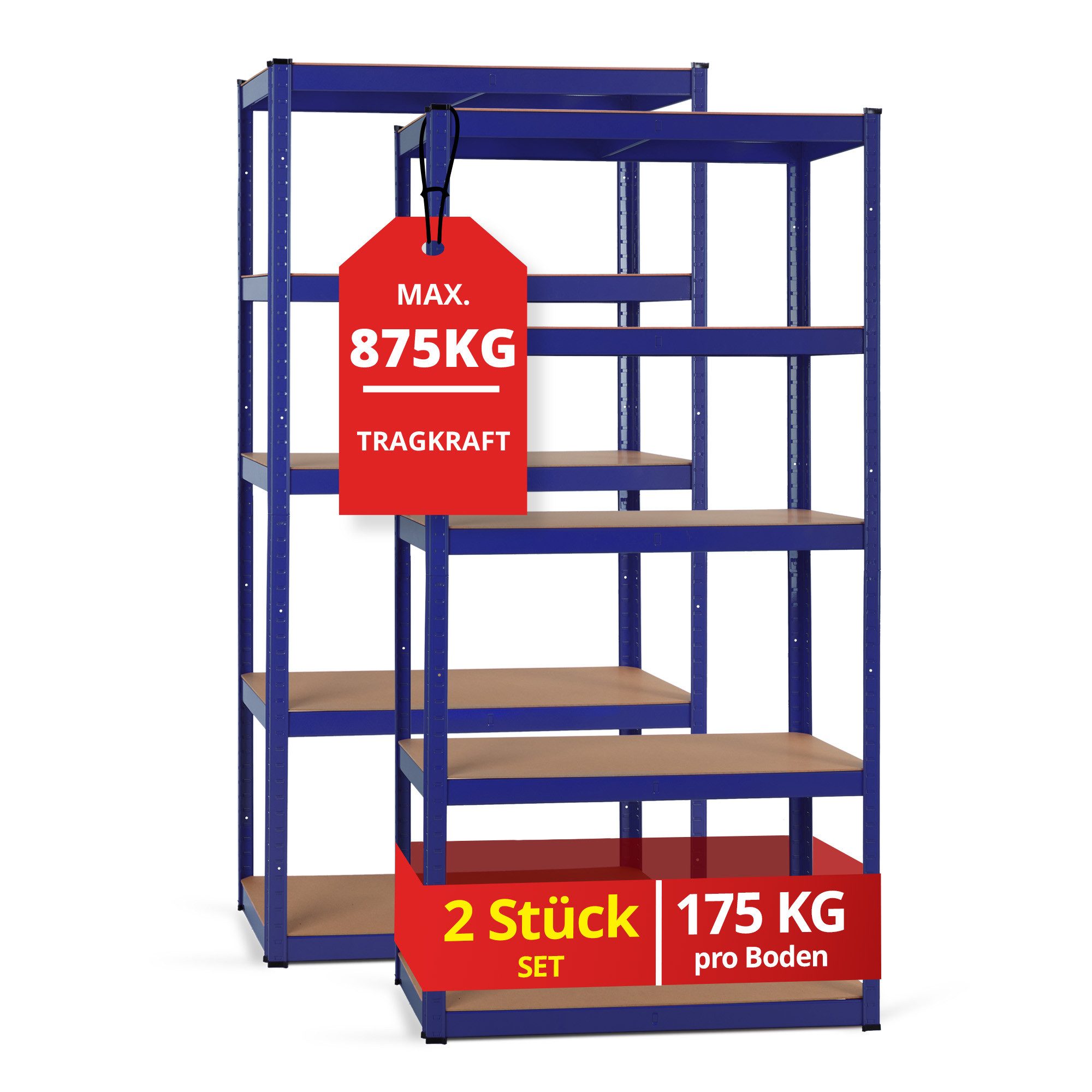 Stagecaptain Schwerlastregal Lagerregal - 5 variabel montierbare Böden - auch als Werkbank umbaubar, 2er Spar-Set 2-tlg., Tragkraft pro Boden: 175 kg, gesamt 875 kg