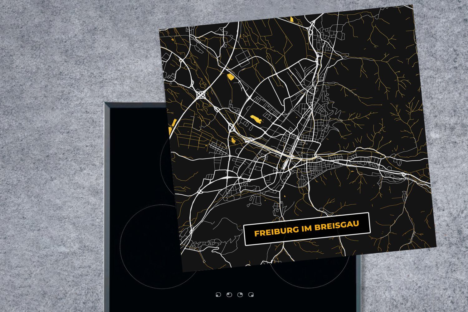 Herdblende-/Abdeckplatte Arbeitsplatte (1 - Vinyl, für im Gold 78x78 küche - - Karte Deutschland, Stadtplan tlg), Ceranfeldabdeckung, cm, Freiburg MuchoWow Breisgau -