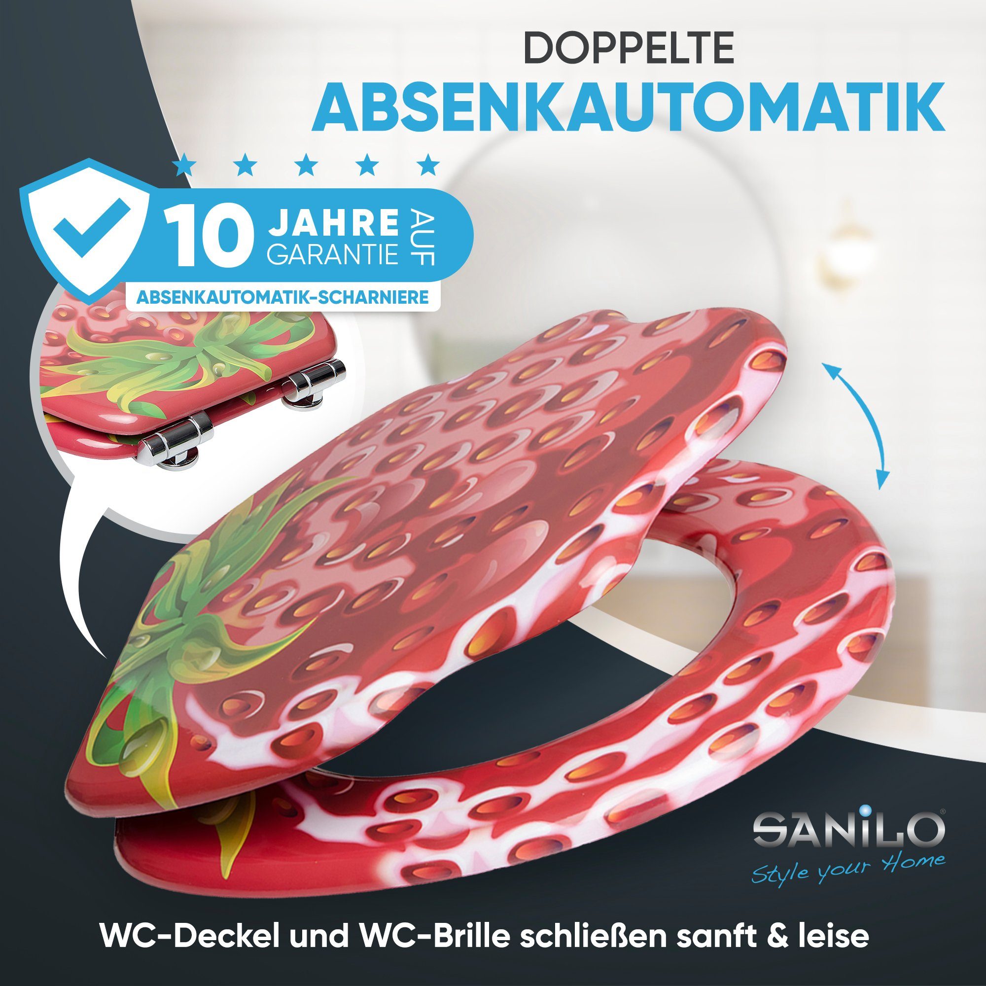 Sanilo WC-Sitz Strawberry mit Absenkautomatik, Toilettendeckel direkt vom Hersteller, hochwertig & modern mit Motiv, universell, leichte Montage
