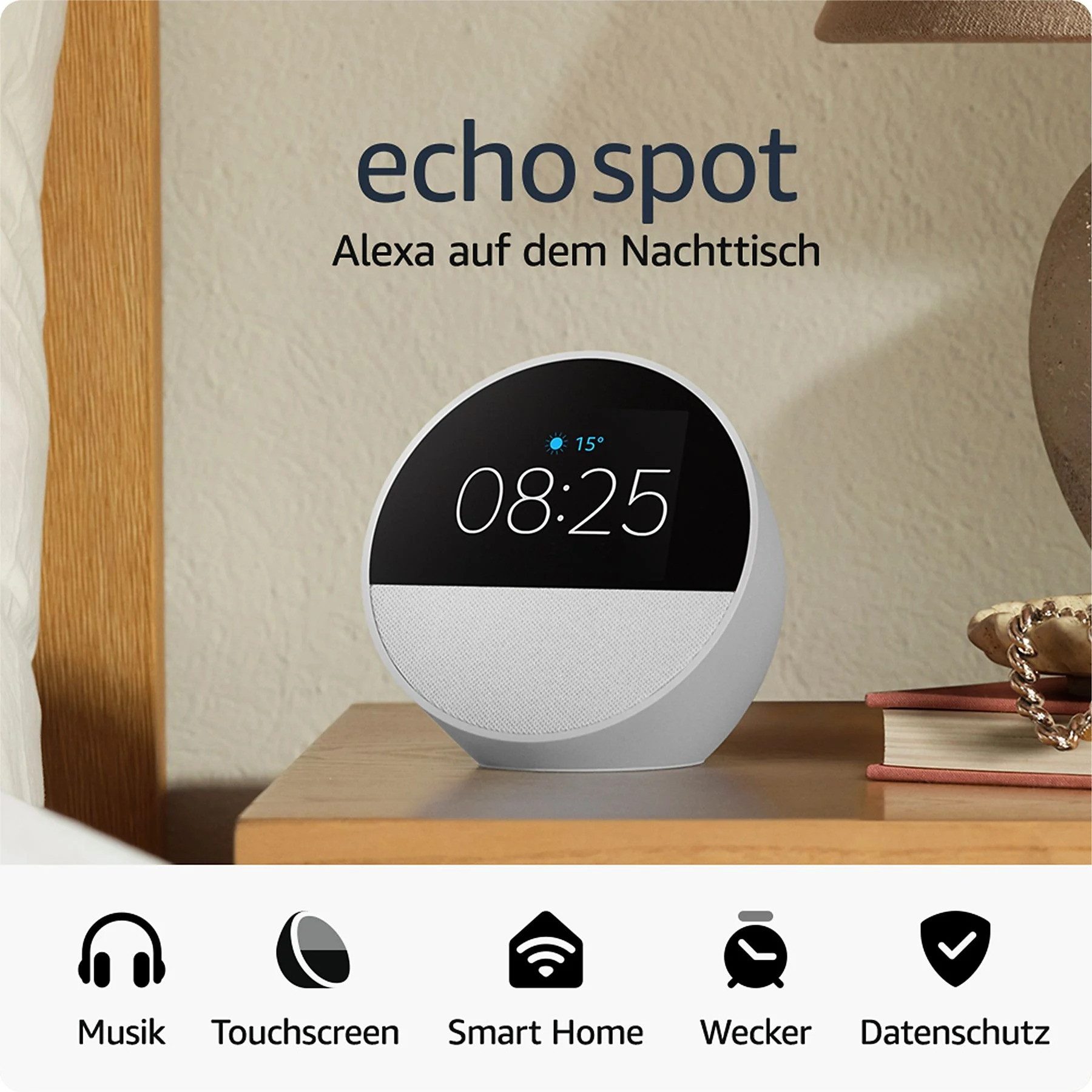 Amazon Echo Spot (2024) Intelligenter Alexa Gerät Wecker Wireless Lautsprecher (WLAN (WiFi), Sprachsteuerung, Smart Home Hub)