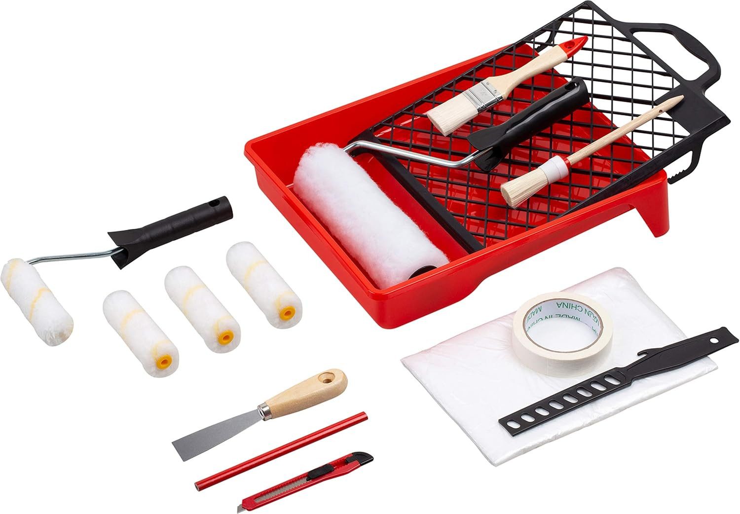 WERKZEYT Farbroller Malerset 17-tlg. Pinsel Farbwalze Farbwanne Malerkrepp Abdeckfolie, 17-teilig
