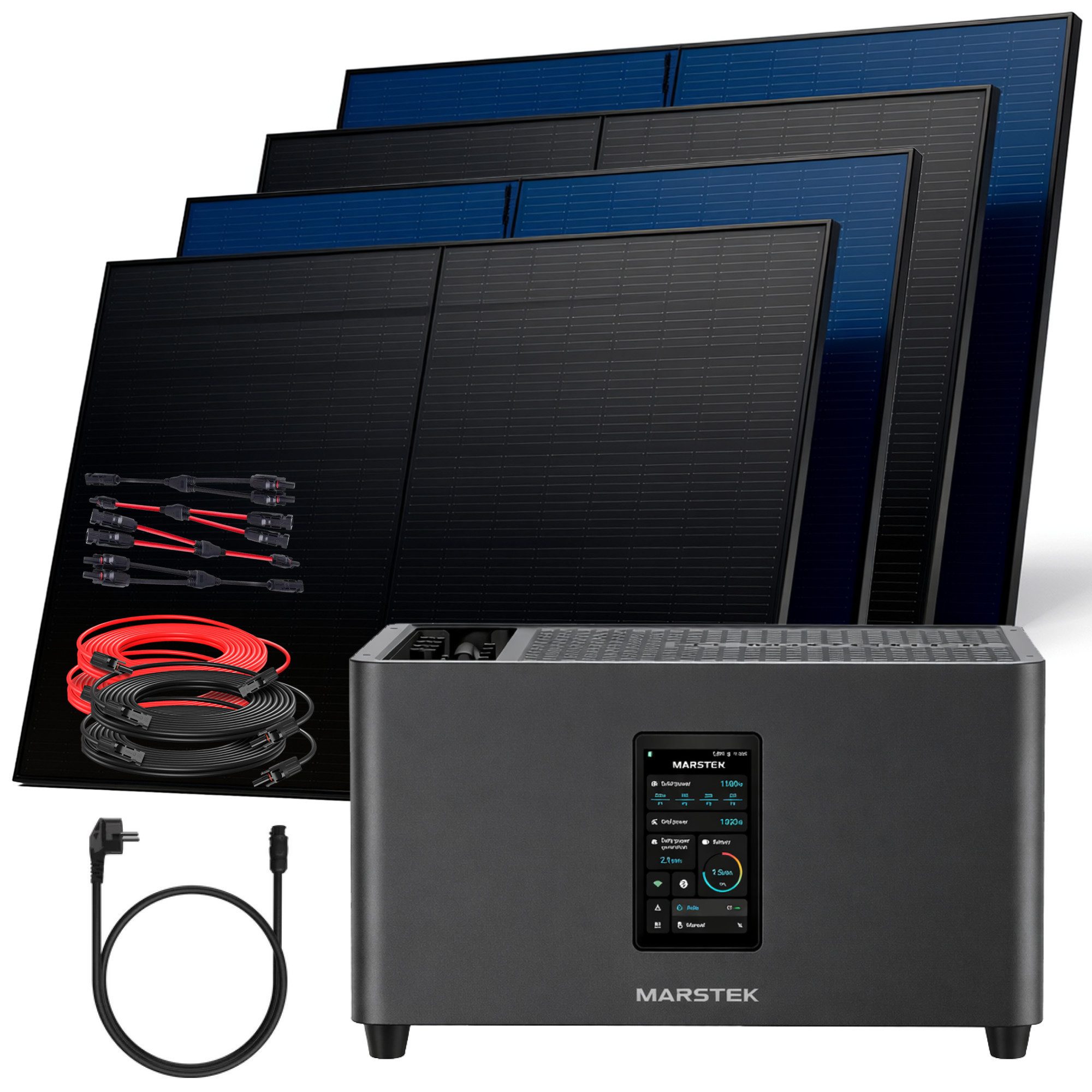 SUNNIVA Balkonkraftwerk 2000W Balkonkraftwerk mit 2,56 kWh Speicher MARSTEK Jupiter C + Plus, (BIFAZIAL FULLBLACK komplett Steckdose, PV Solaranlage Komplettset mit Solarspeicher, 4x 500W N-Type Glas-Bifacial)