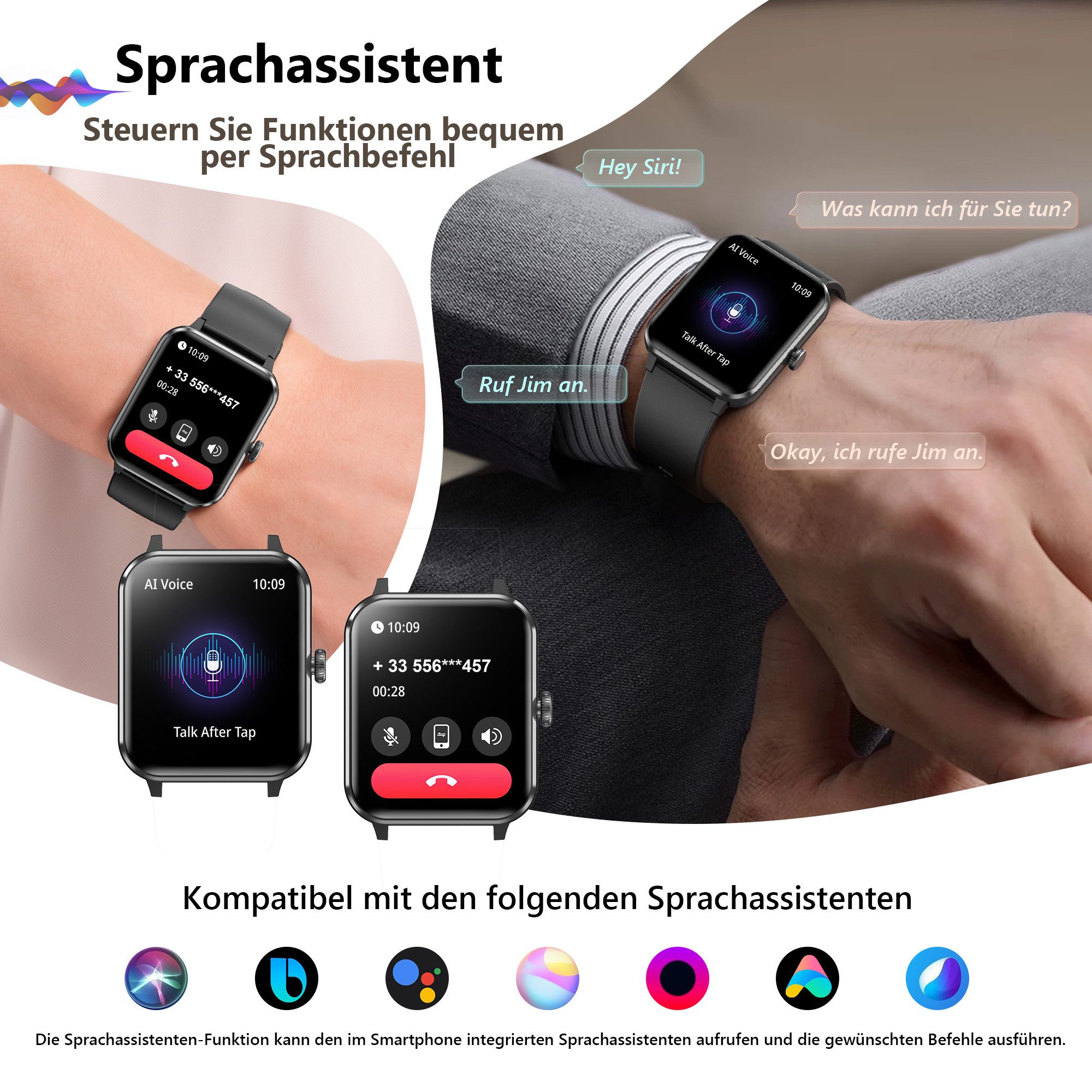 IOWODO Smartwatch Damen Herren 1,85" HD Touch Bluetooth Anruf Sport Uhr Smartwatch (1.85 Zoll, IOS/Android) Smartwatch Damen Herren,Smart Watch für Android iOS( 2 Armband) , Mit geflochtenem Uhrenarmband, Telefon,App-Fitnesskurse, SpO₂-/HR-/Schlafüberwachung,2 Armbänder,IP68