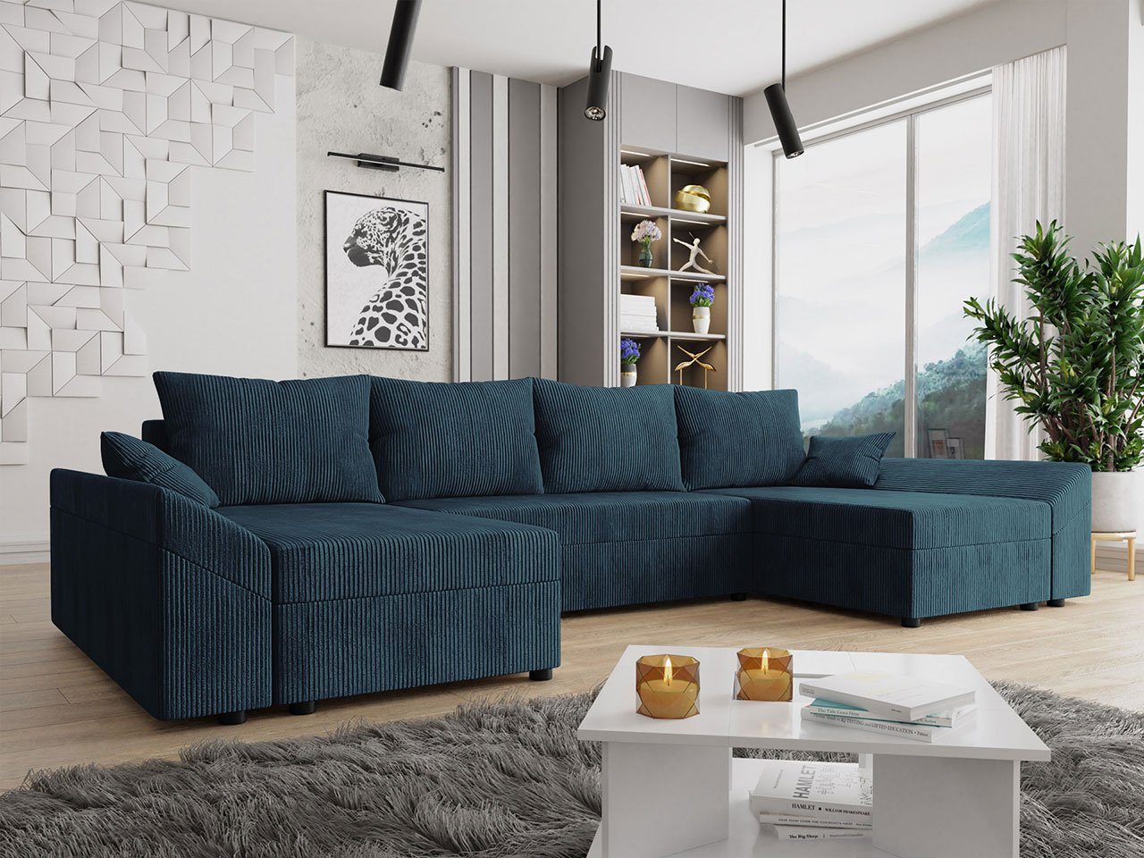 MIRJAN24 Wohnlandschaft Dante U Cord, mit Schlaffunktion und Bettkasten, 5 Sitzer Eckcouch, U-Form Sofa, symmetrisches Ecksofa Poso 5