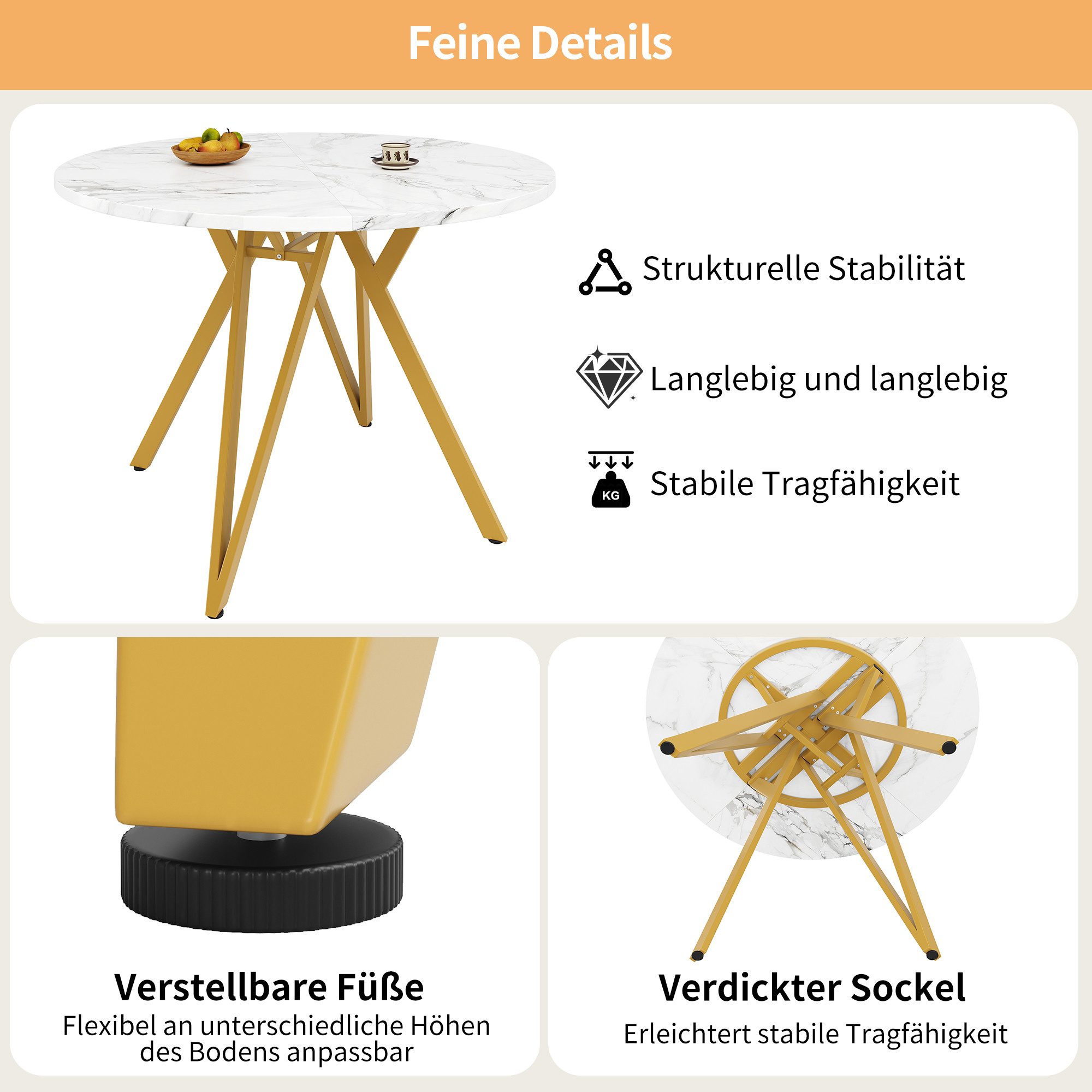 MODFU Essgruppe Stylisches Esstisch, (Moderner runder Esstisch 100×100×76 cm mit langlebiger MDF-Marmor-Tischplatte, verstellbaren Metallbeinen & extra stabiler Basis – ideal für Esszimmer, Wohnzimmer & 4 Personen, 1-tlg)