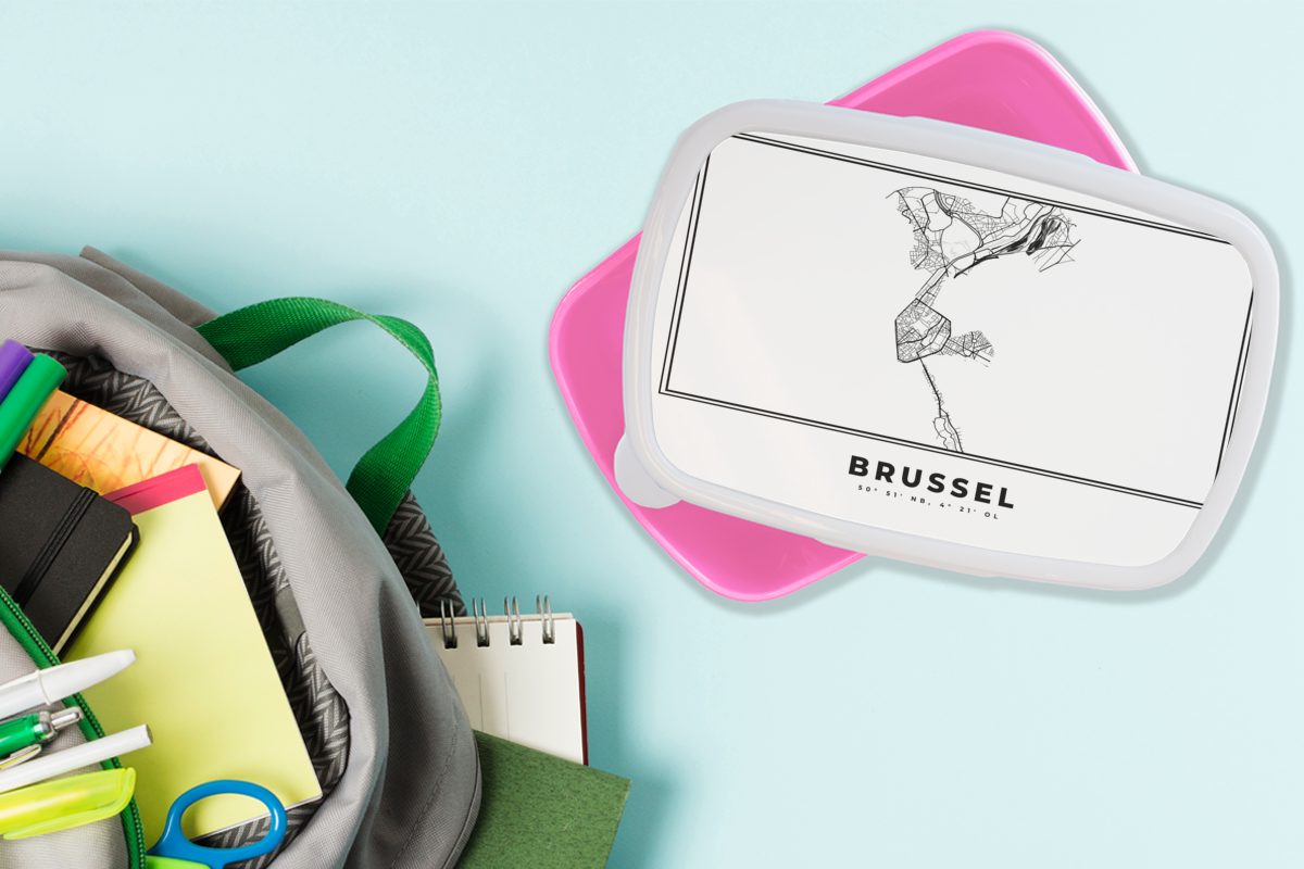 Brotbox Kunststoff rosa - MuchoWow Stadtplan - und - Kinder, Snackbox, Brüssel (2-tlg), - Mädchen, Schwarz Belgien - Erwachsene, Karte, Lunchbox Karte weiß Brotdose für Kunststoff,